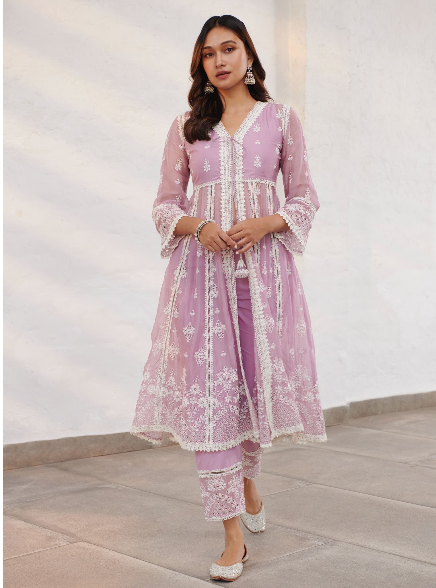 Mulmul Organza Sheffield Lilac Anarkali Kurta With Cotton Sheffield Lilac Pant