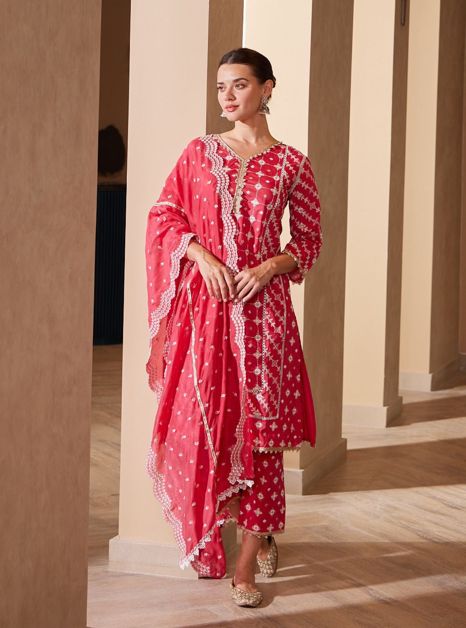 Mulmul Cotton Pelican Red Kurta With Pelican Red Pyajama