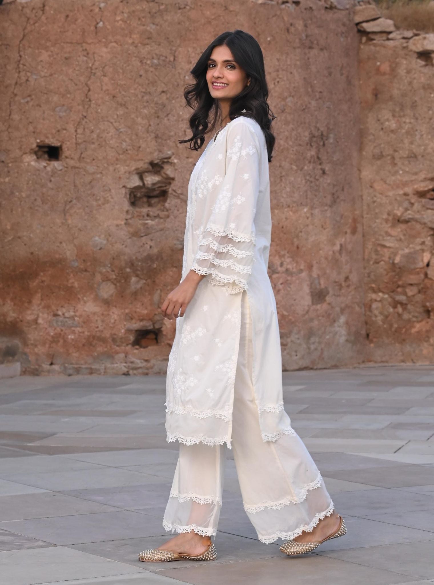 Mulmul Cotton Lola Off White Kurta With Lola Off White Palazzo