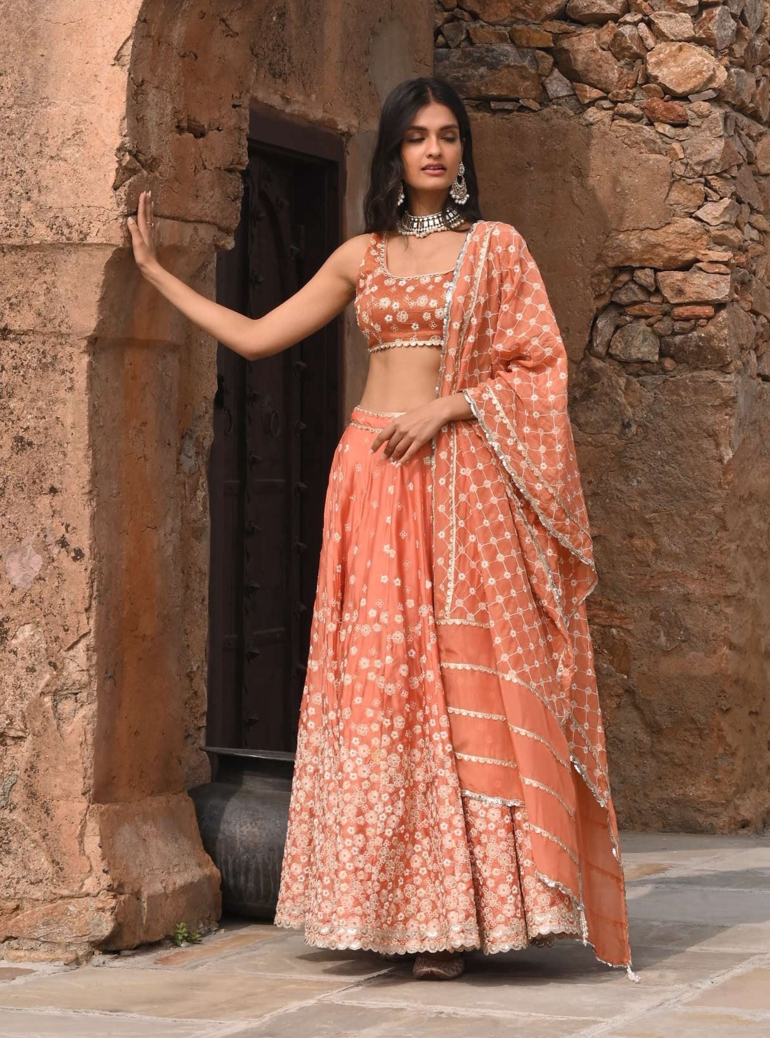 Mulmul Organza Satin Baliye Burnt Orange Lehenga