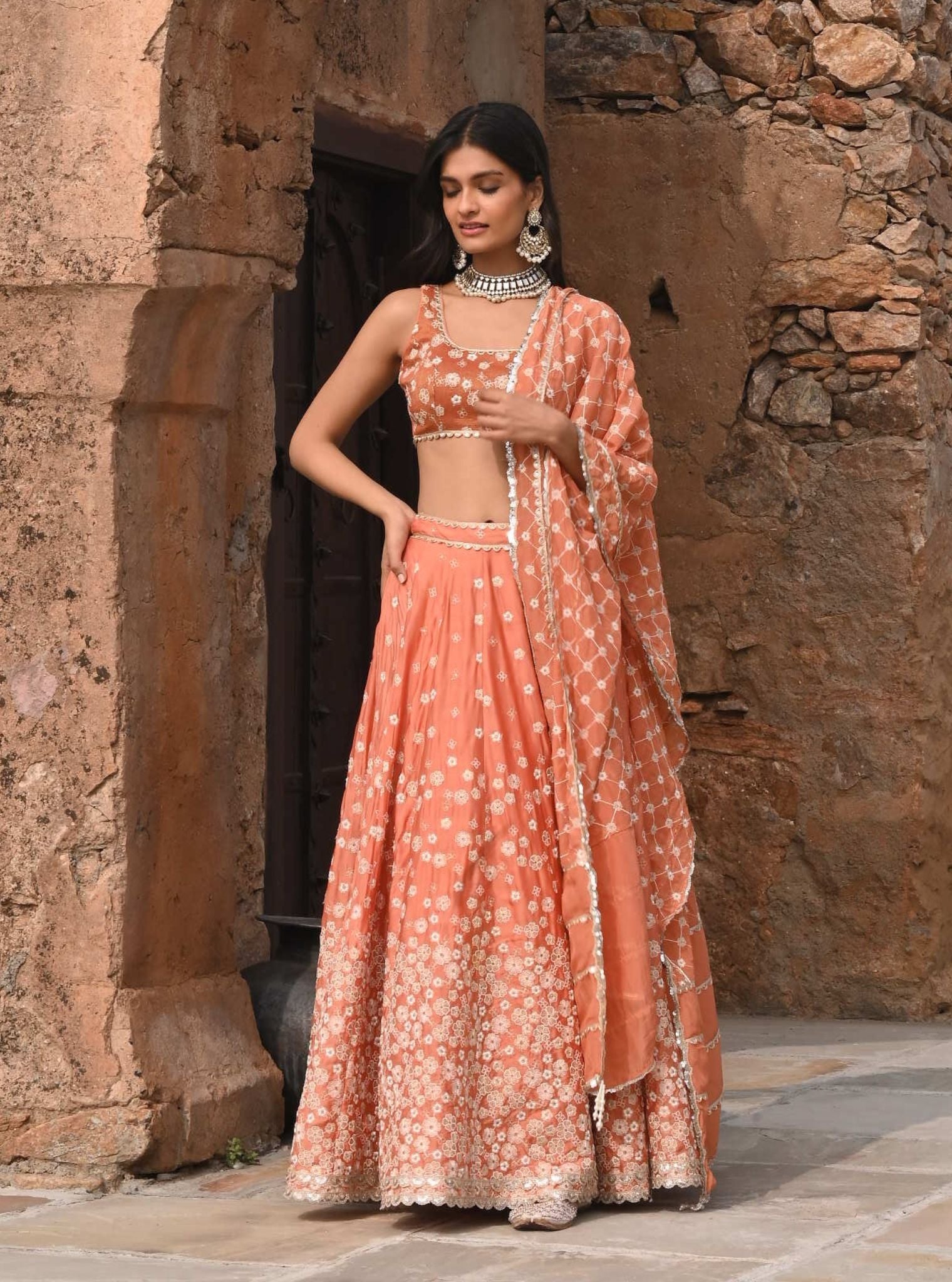 Mulmul Organza Satin Baliye Burnt Orange Lehenga