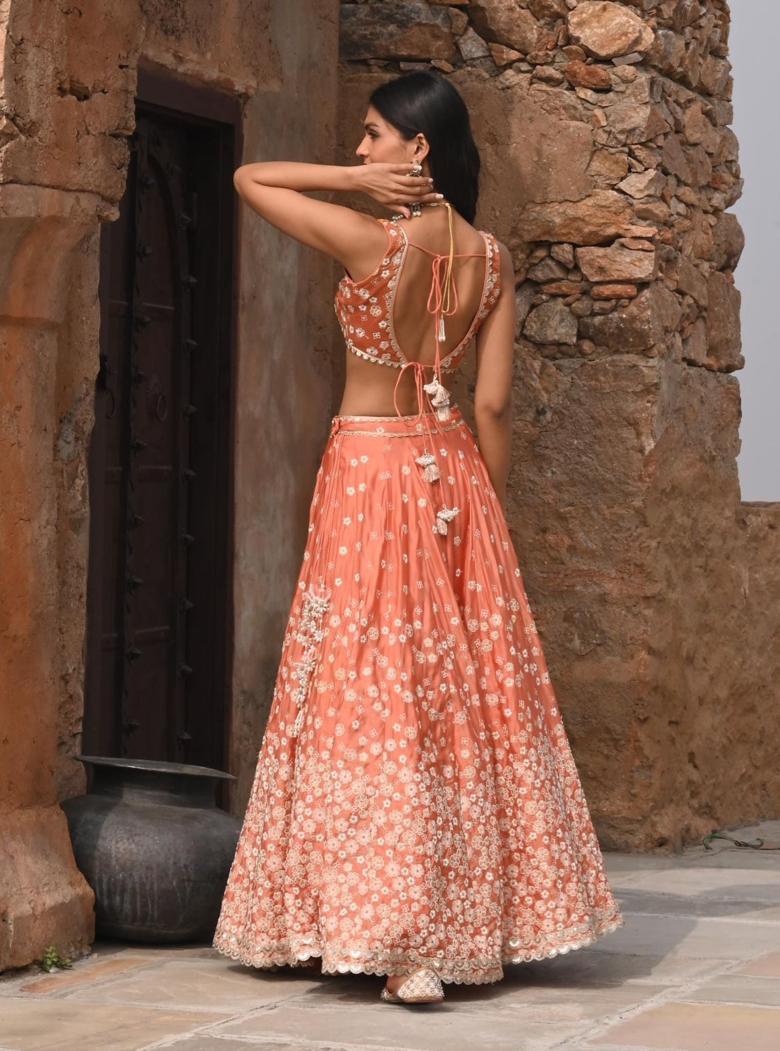 Mulmul Organza Satin Baliye Burnt Orange Lehenga