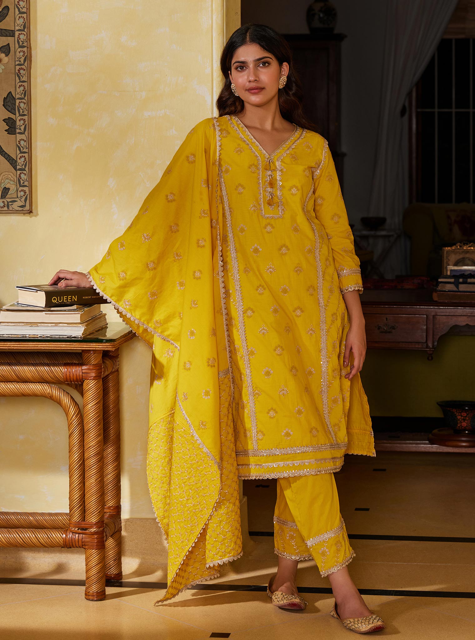 Mulmul Cotton Titli Yellow Kurta with Mulmul Cotton Titli Yellow Pant