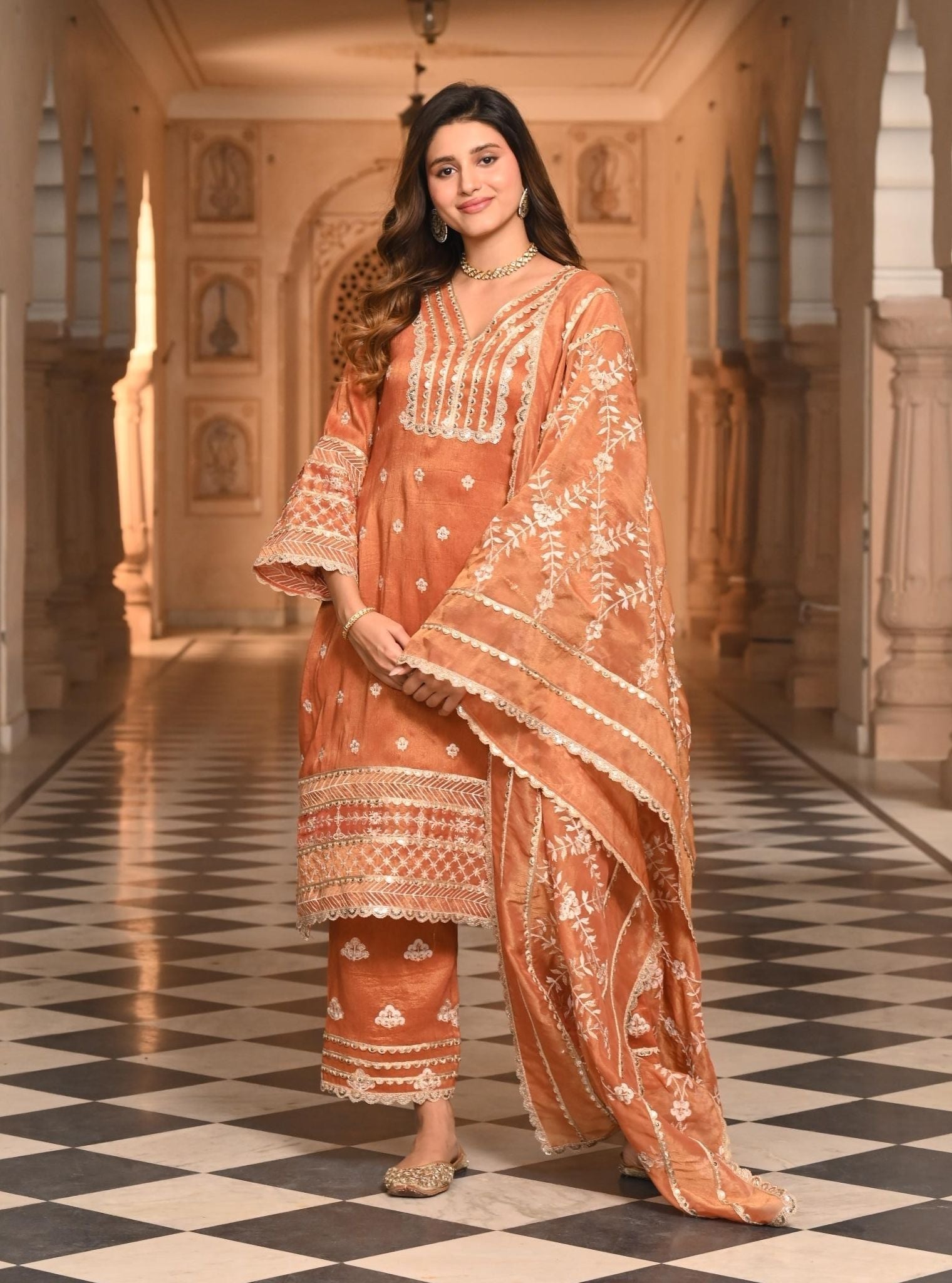 Mulmul Luxe Tissue Satin Sajni Burnt Orange Kurta with Mulmul Luxe Tissue Satin Sajni Burnt Orange Pant