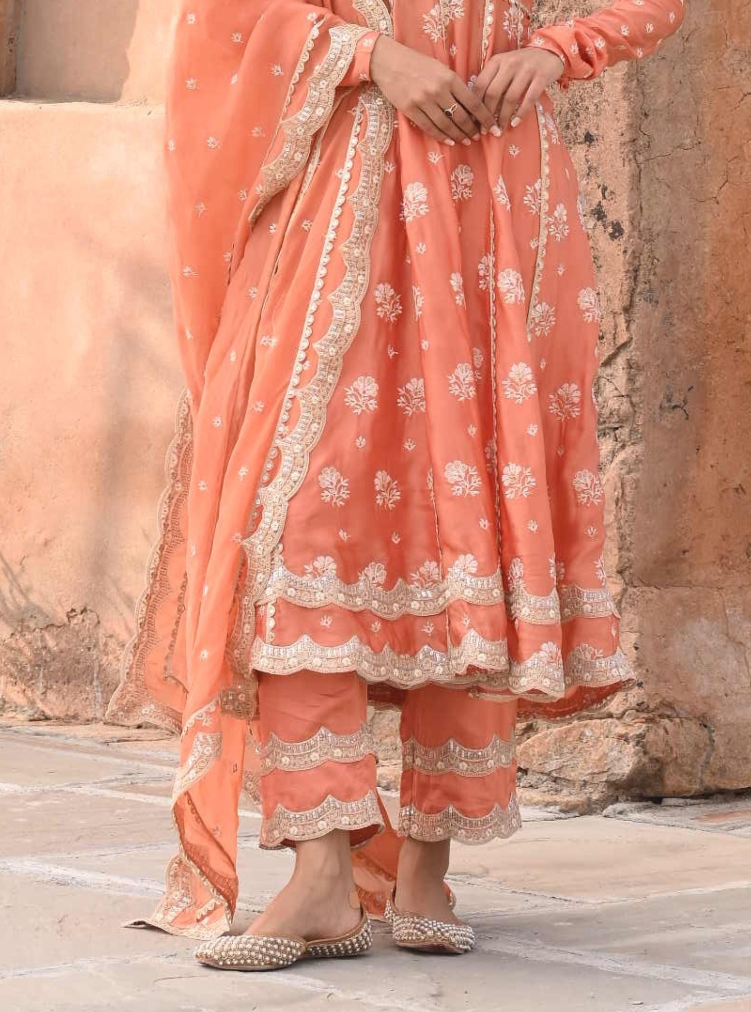 Mulmul Organza Satin Tareefan Burnt Orange Anarkali Kurta with Mulmul Modal Satin Tareefan Burnt Orange Pant