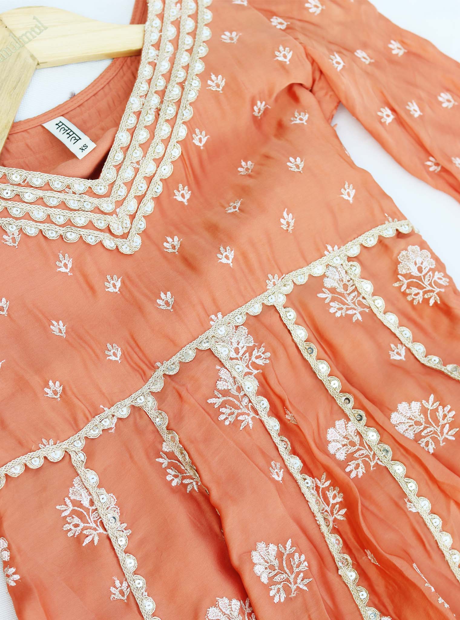 Mulmul Organza Satin Tareefan Burnt Orange Anarkali Kurta with Mulmul Modal Satin Tareefan Burnt Orange Pant