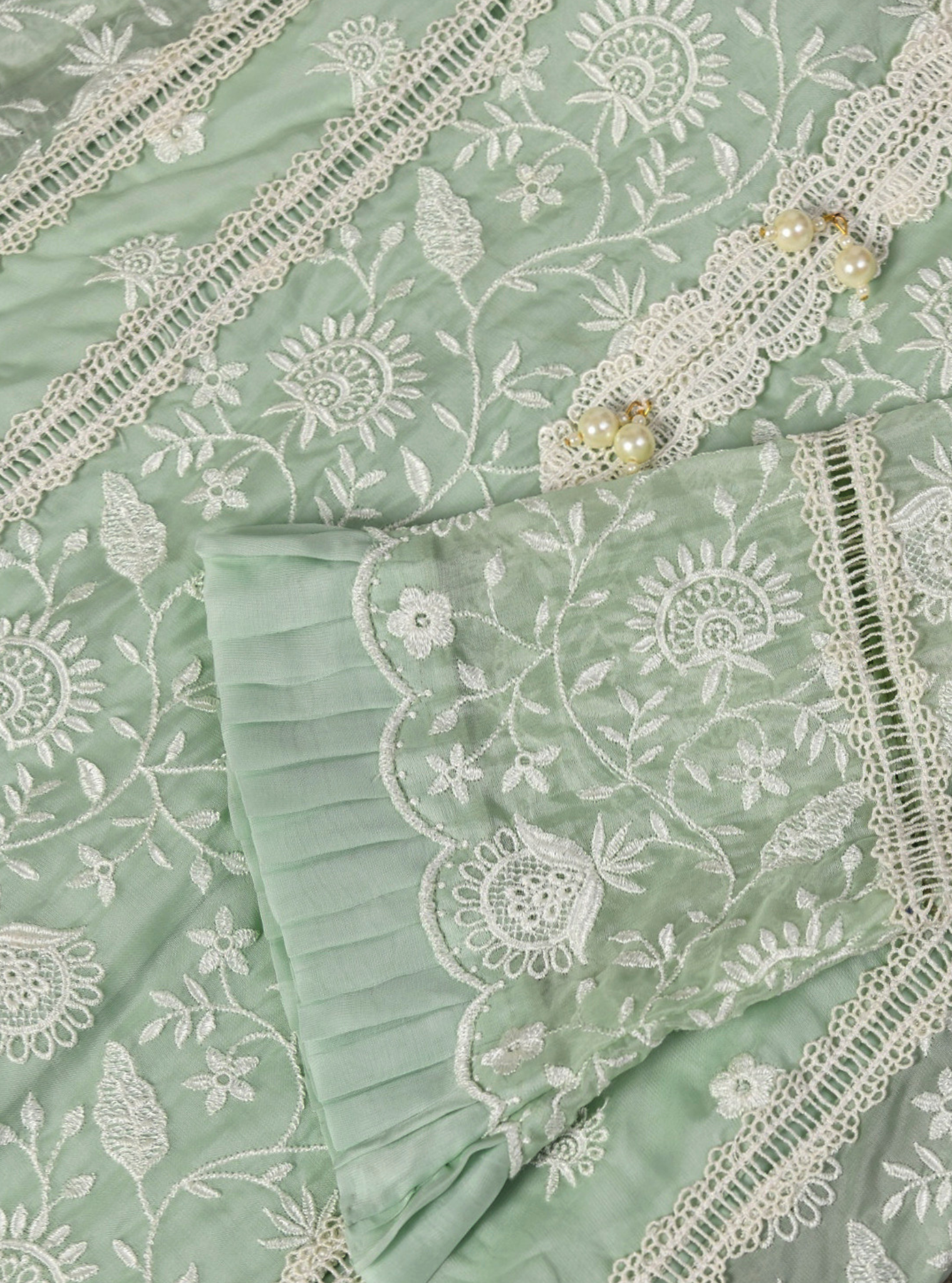 Mulmul Organza Dorset Green Kurta With Cotton Dorset Green Pant