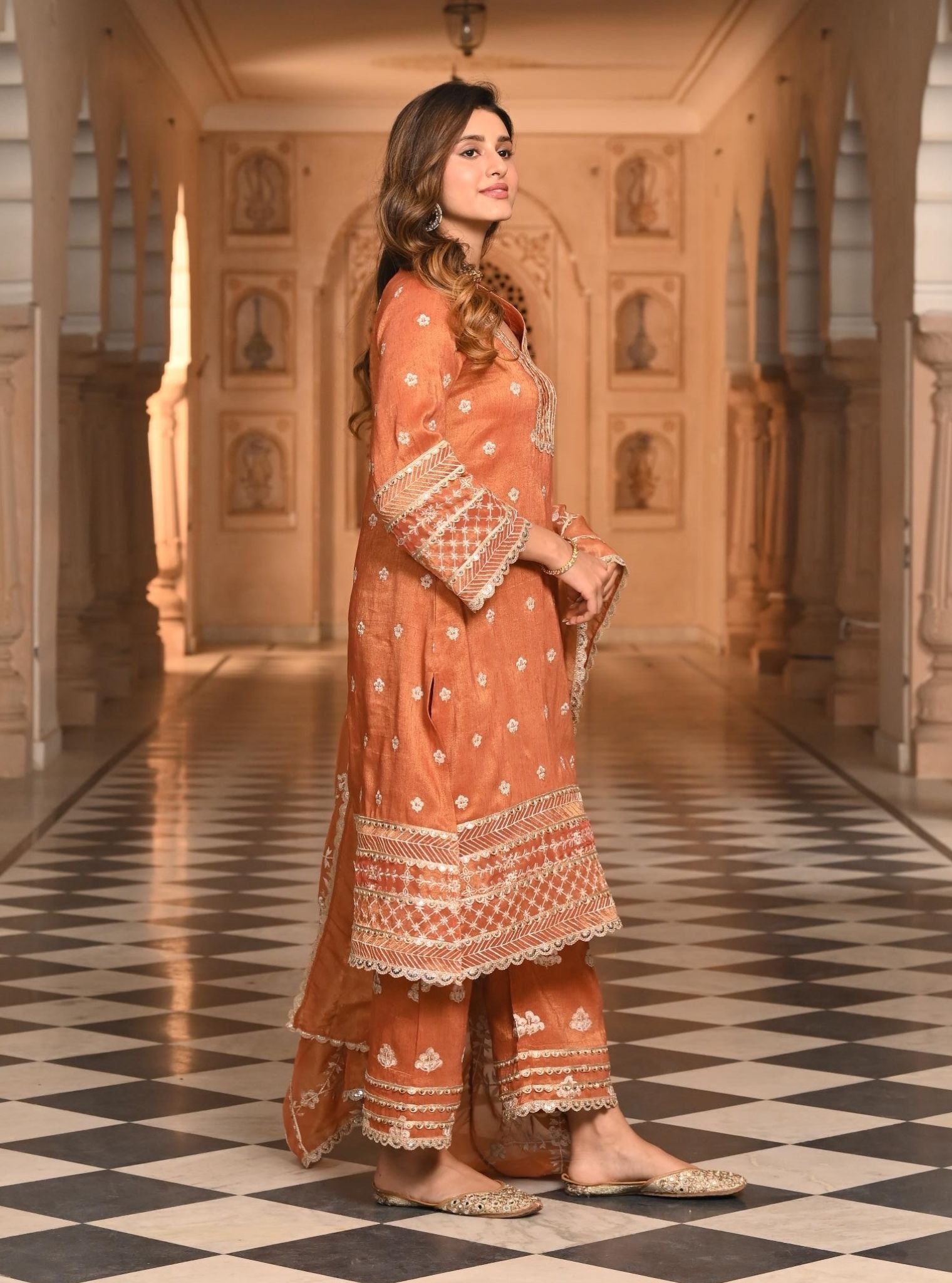 Mulmul Luxe Tissue Satin Sajni Burnt Orange Kurta with Mulmul Luxe Tissue Satin Sajni Burnt Orange Pant