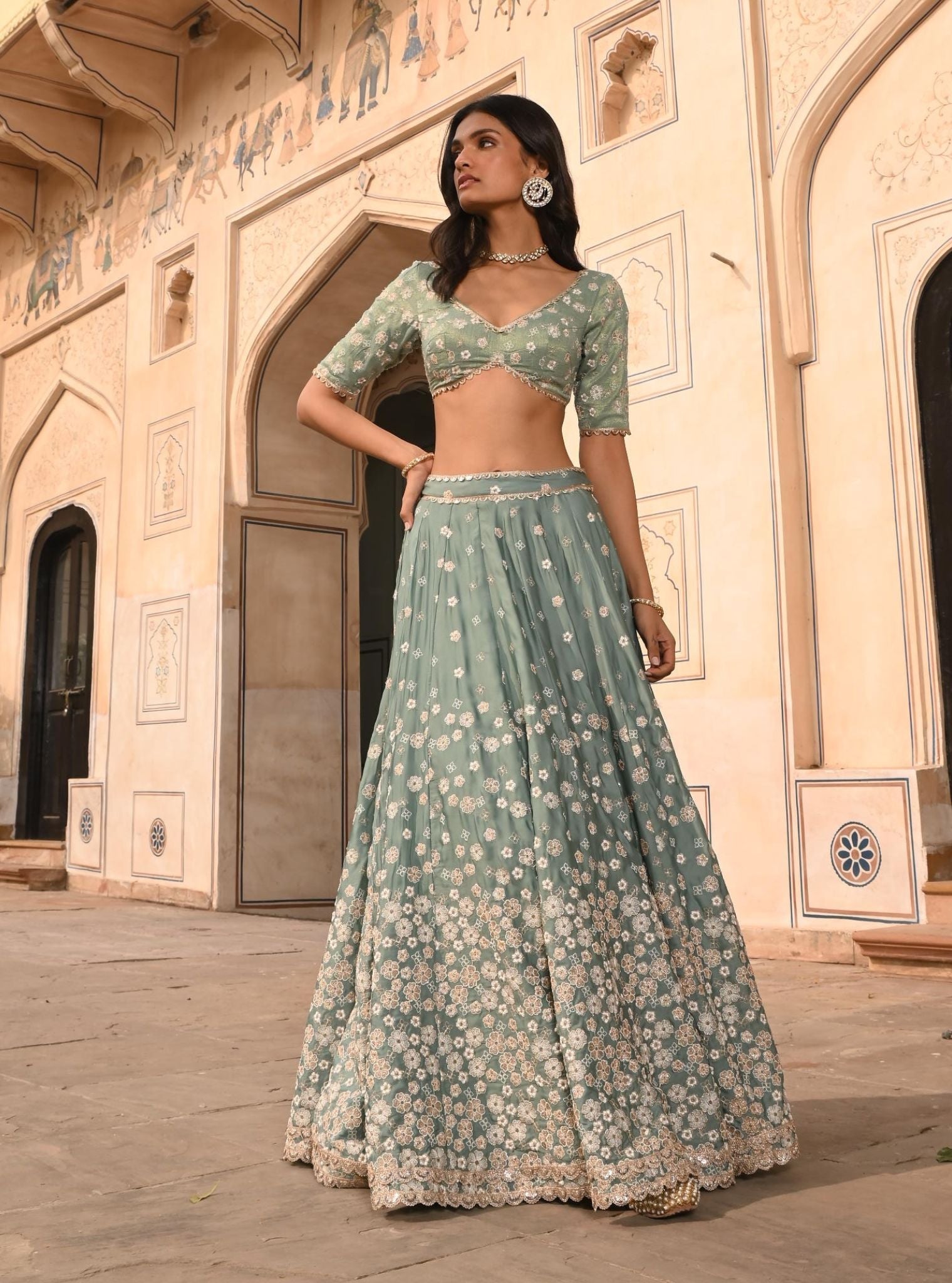 Mulmul Organza Satin Baliye Teal Blue Lehenga