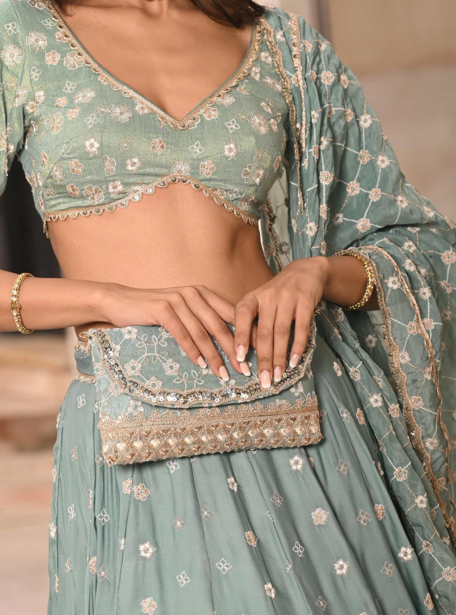 Mulmul Organza Satin Baliye Teal Blue Lehenga