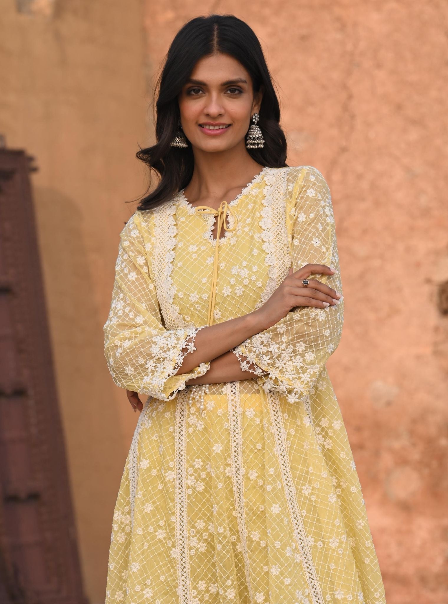 Mulmul Organza Zola Yellow Anarkali Kurta With Mulmul Cotton Zola Yellow Pant