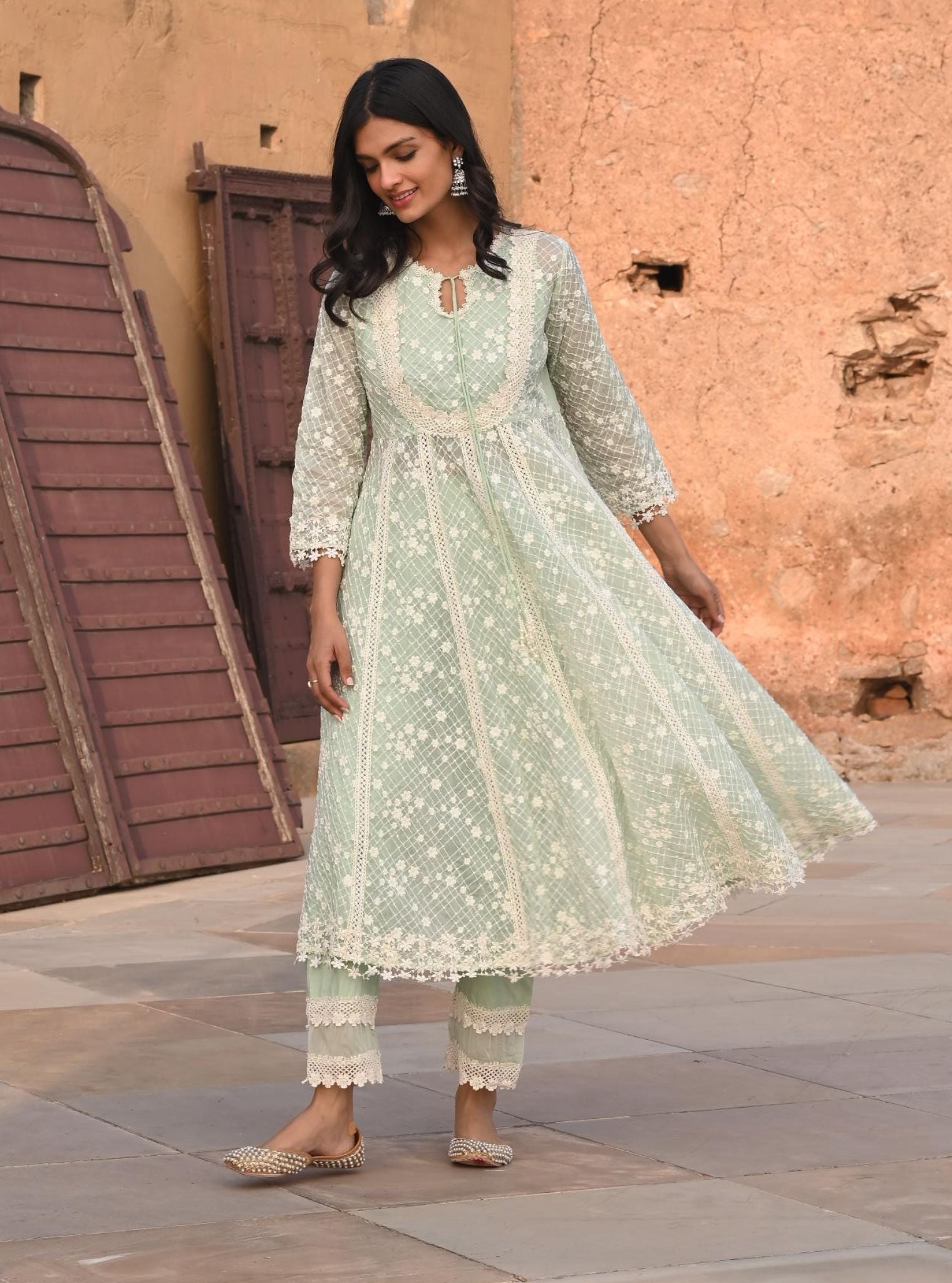 Mulmul Organza Zola Green Anarkali Kurta With Mulmul Cotton Zola Green Pant