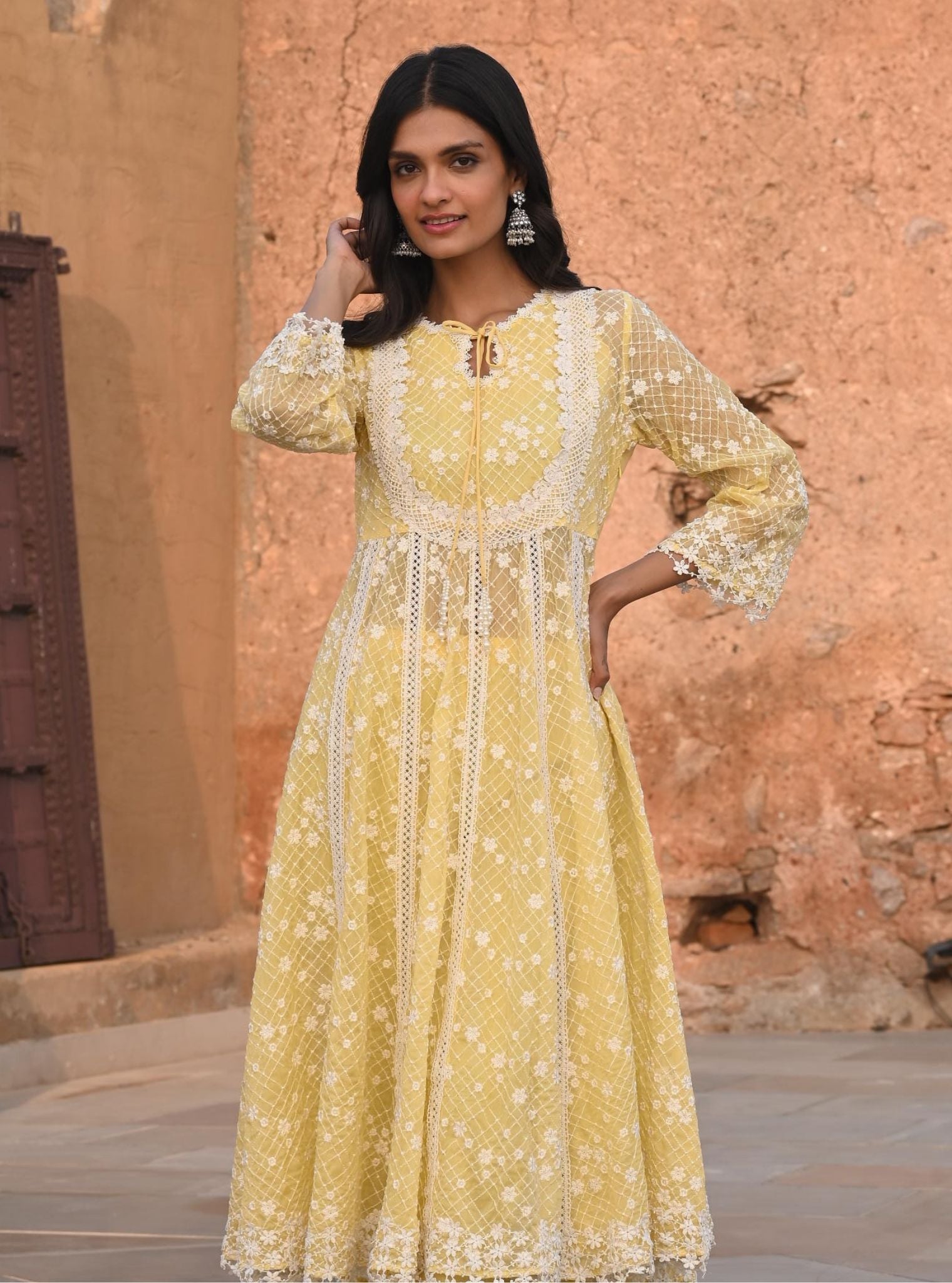 Mulmul Organza Zola Yellow Anarkali Kurta With Mulmul Cotton Zola Yellow Pant