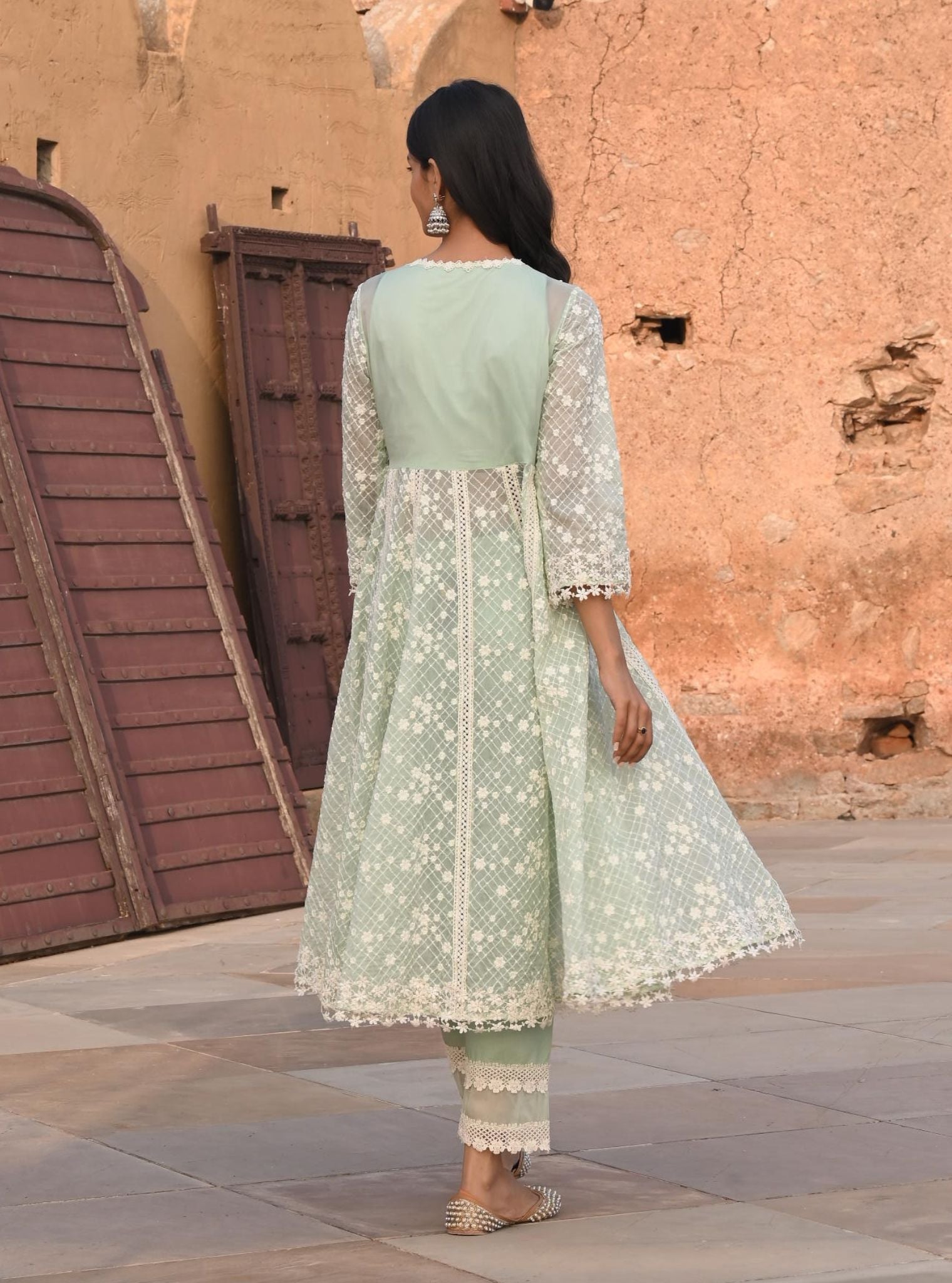 Mulmul Organza Zola Green Anarkali Kurta With Mulmul Cotton Zola Green Pant