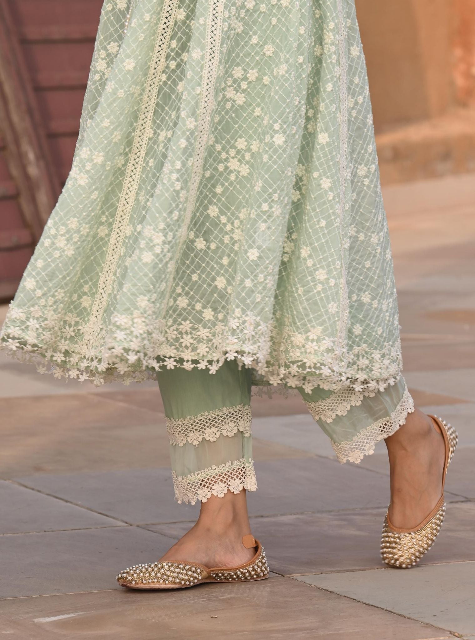 Mulmul Organza Zola Green Anarkali Kurta With Mulmul Cotton Zola Green Pant