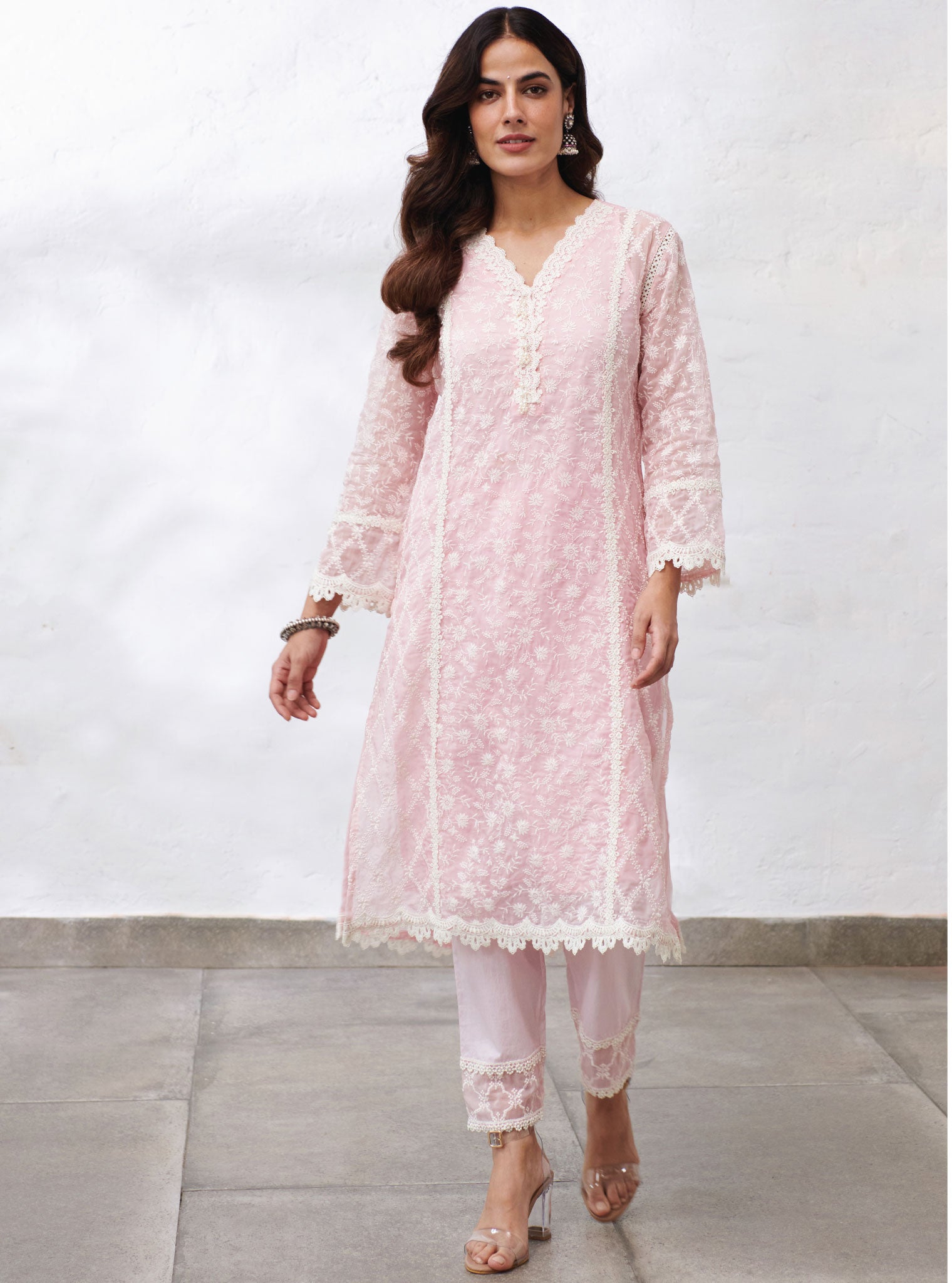 Mulmul Organza Sunderland Pink Kurta With Cotton Sunderland Pink Pant