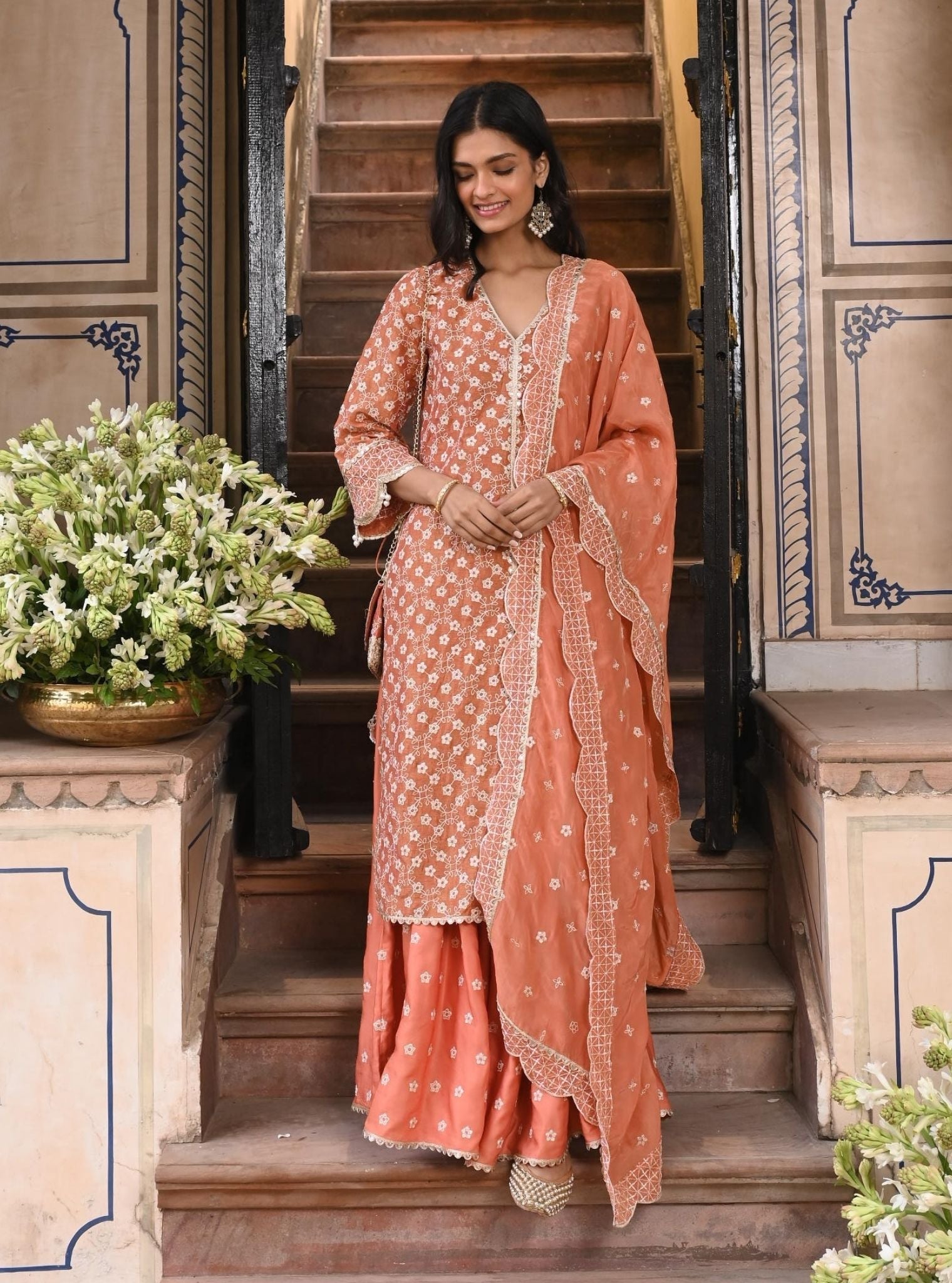 Mulmul Luxe Tissue Satin Maaeri Burnt Orange Kurta with Mulmul Modal Satin Maaeri Burnt Orange Skirt