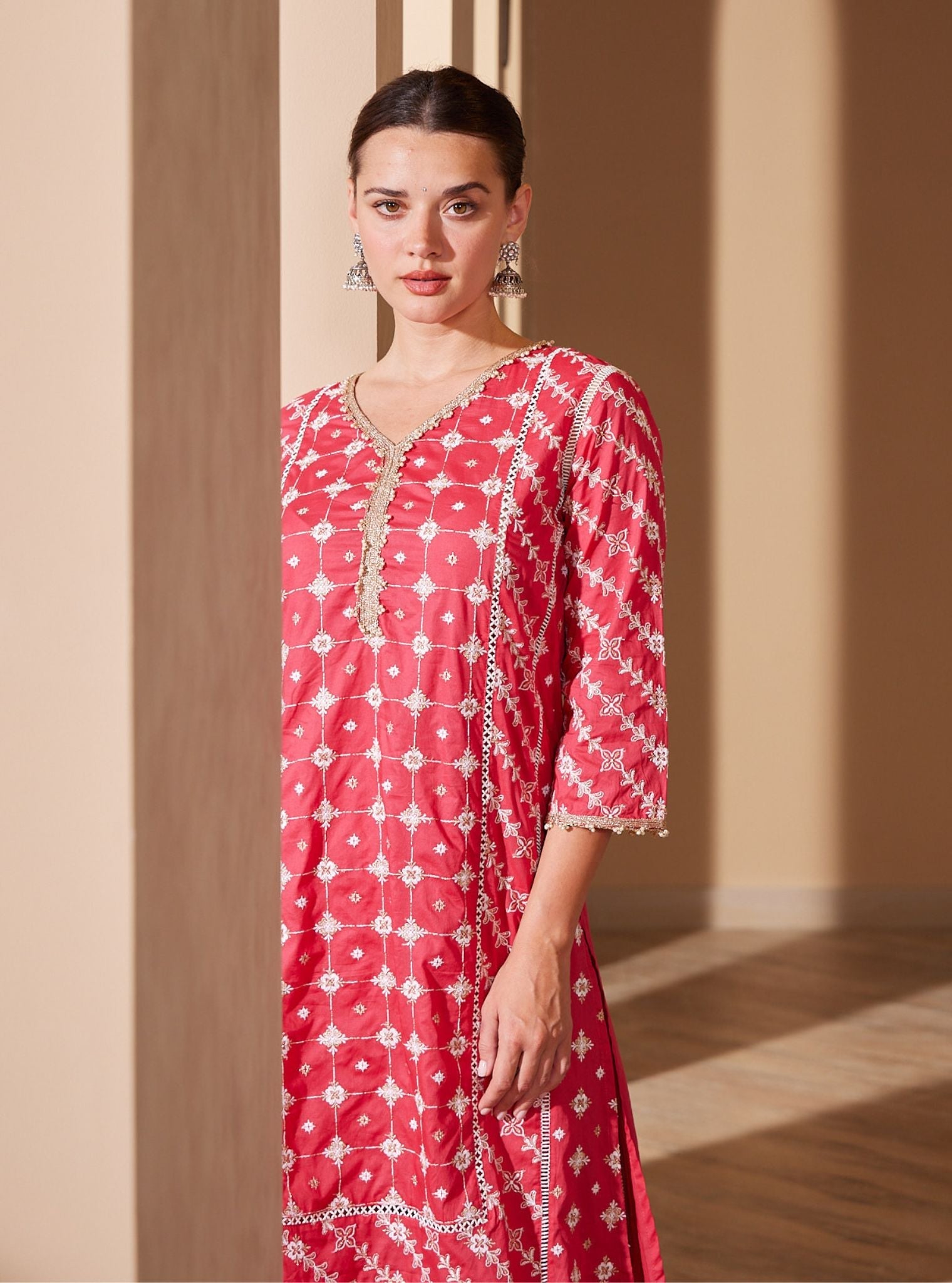 Mulmul Cotton Pelican Red Kurta With Pelican Red Pyajama