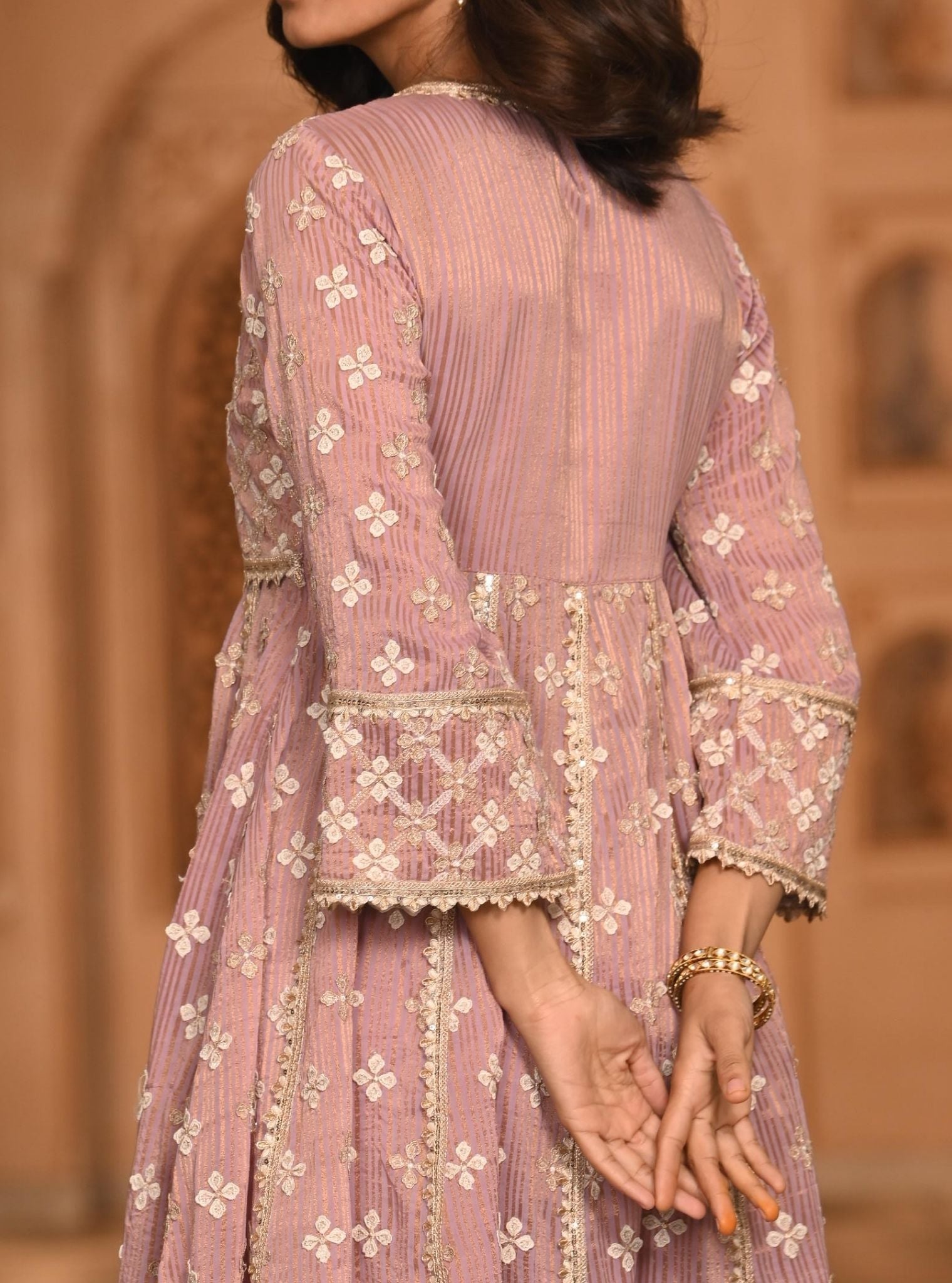 Mulmul Banarsi Bhumbro Lilac Anarkali Kurta with Mulmul Pima Satin Bhumbro Lilac Pant