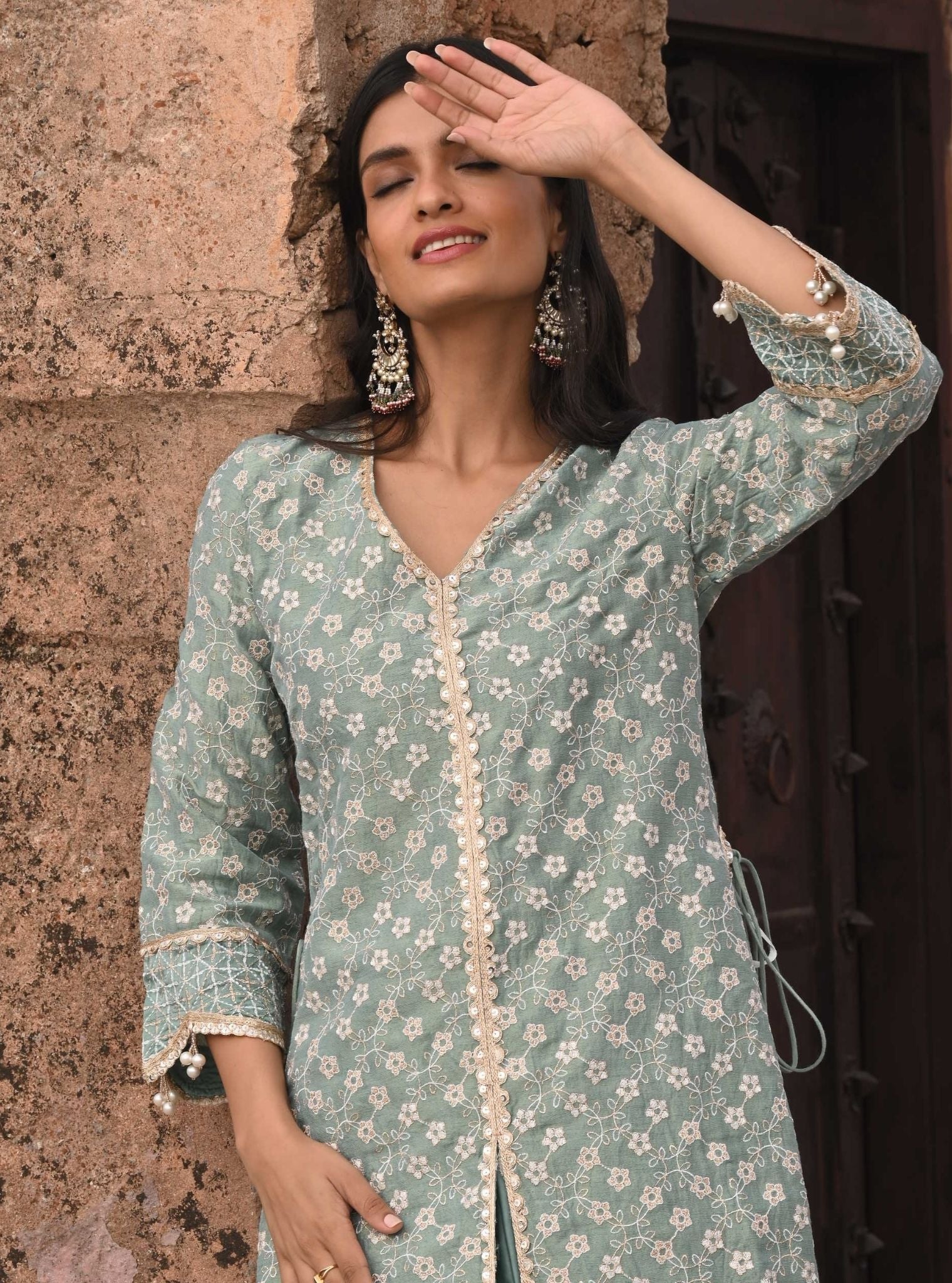 Mulmul Luxe Tissue Satin Maaeri Teal Blue Kurta with Mulmul Modal Satin Maaeri Teal Blue Skirt