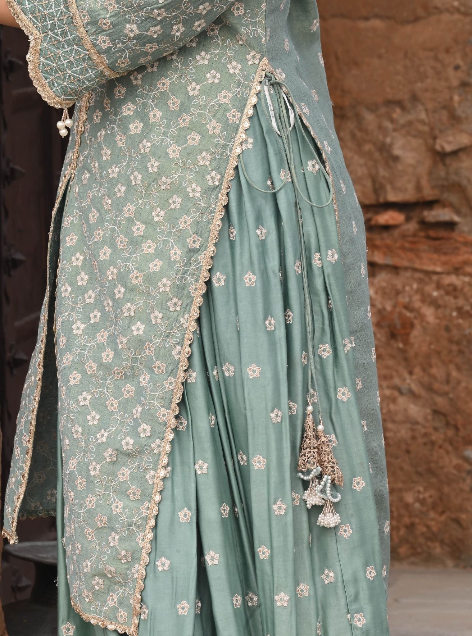 Mulmul Luxe Tissue Satin Maaeri Teal Blue Kurta with Mulmul Modal Satin Maaeri Teal Blue Skirt