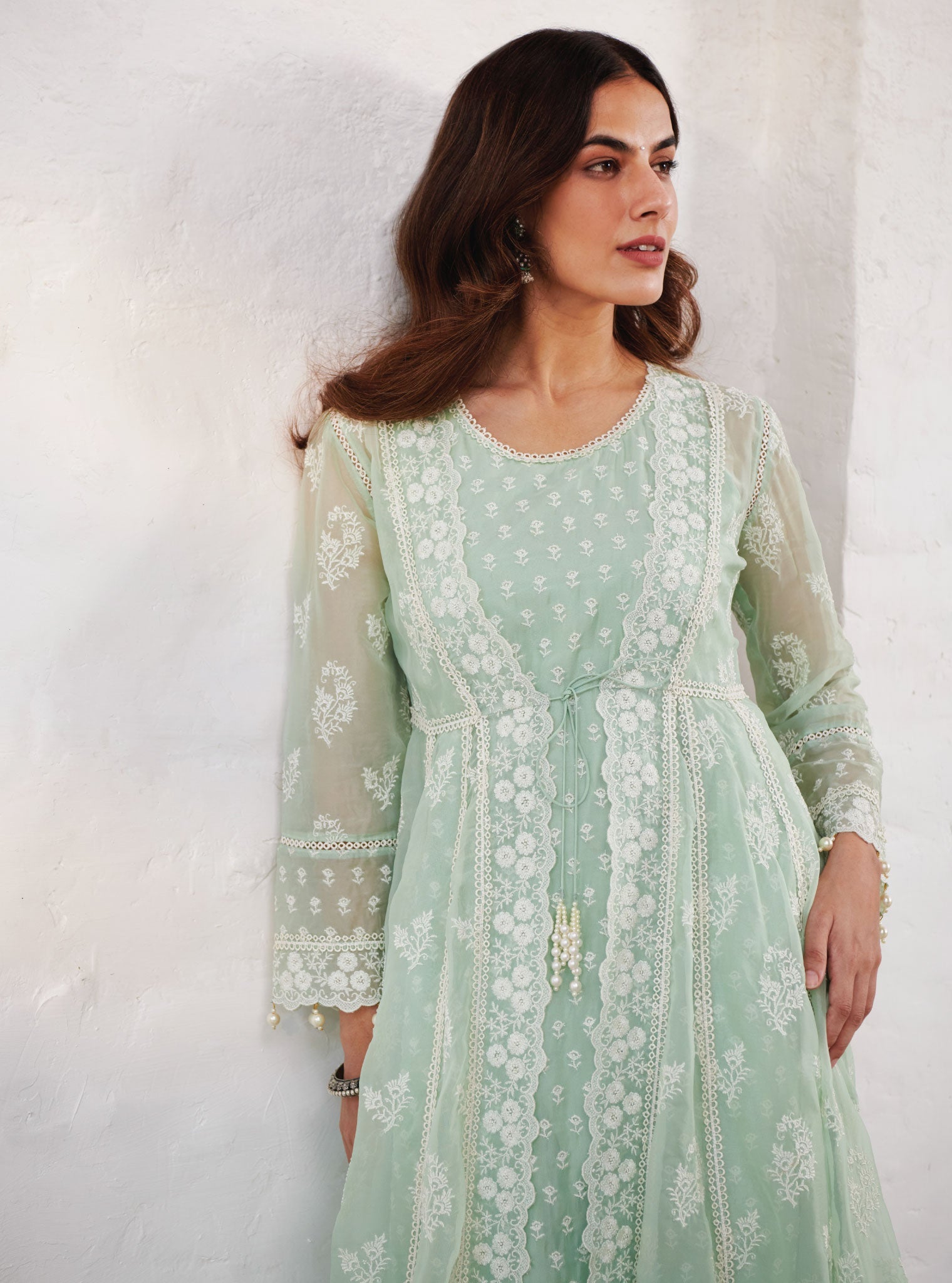 Mulmul Organza Aberdeen Green Anarkali Kurta with Organza Jacket With Cotton Aberdeen Green Pant