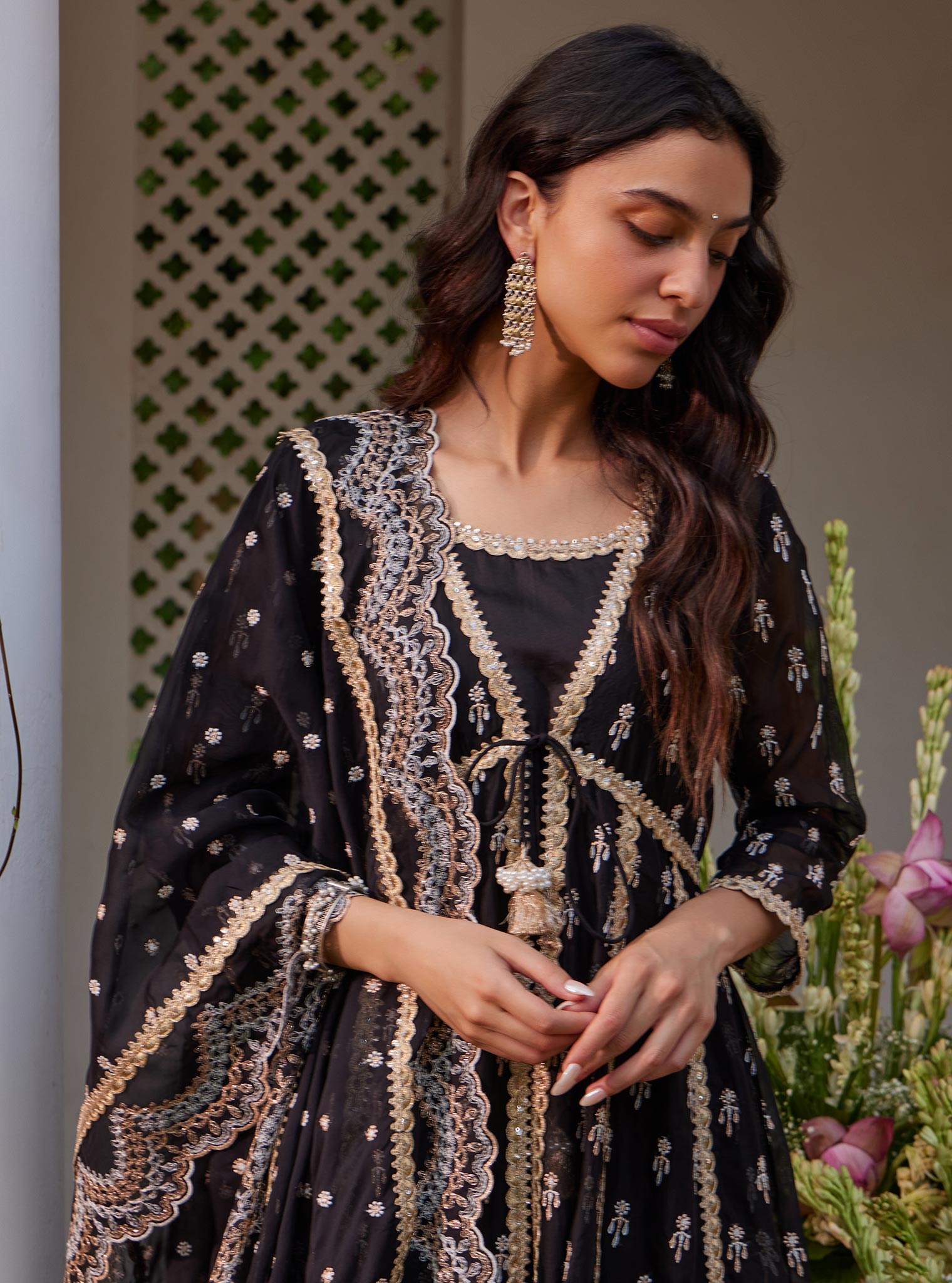 Mulmul Organza Samici Black Anarkali Kurta With Mulmul Pima Samici Black Pant