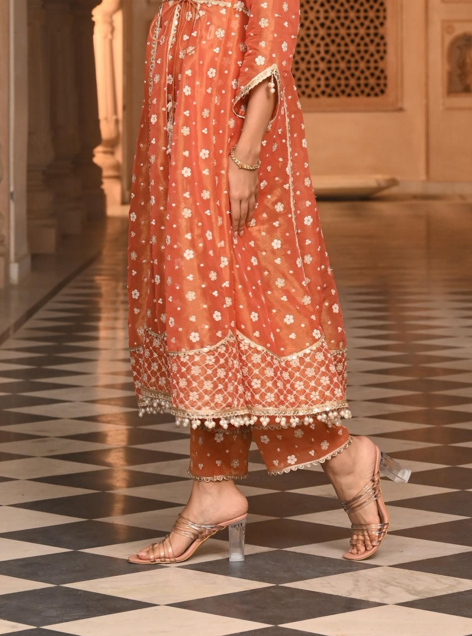 Mulmul Luxe Tissue Majhi Burnt Orange Anarkali Kurta with Mulmul Modal Satin Majhi Burnt Orange Pant