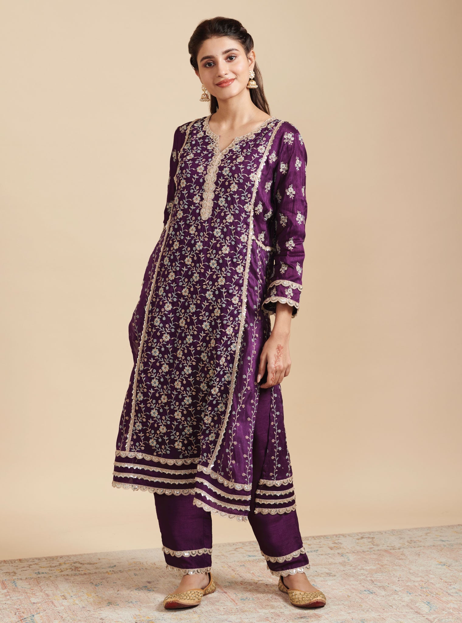 Mulmul Silk Kaashni Purple Kurta With Mulmul Silk Kaashni Purple Pant