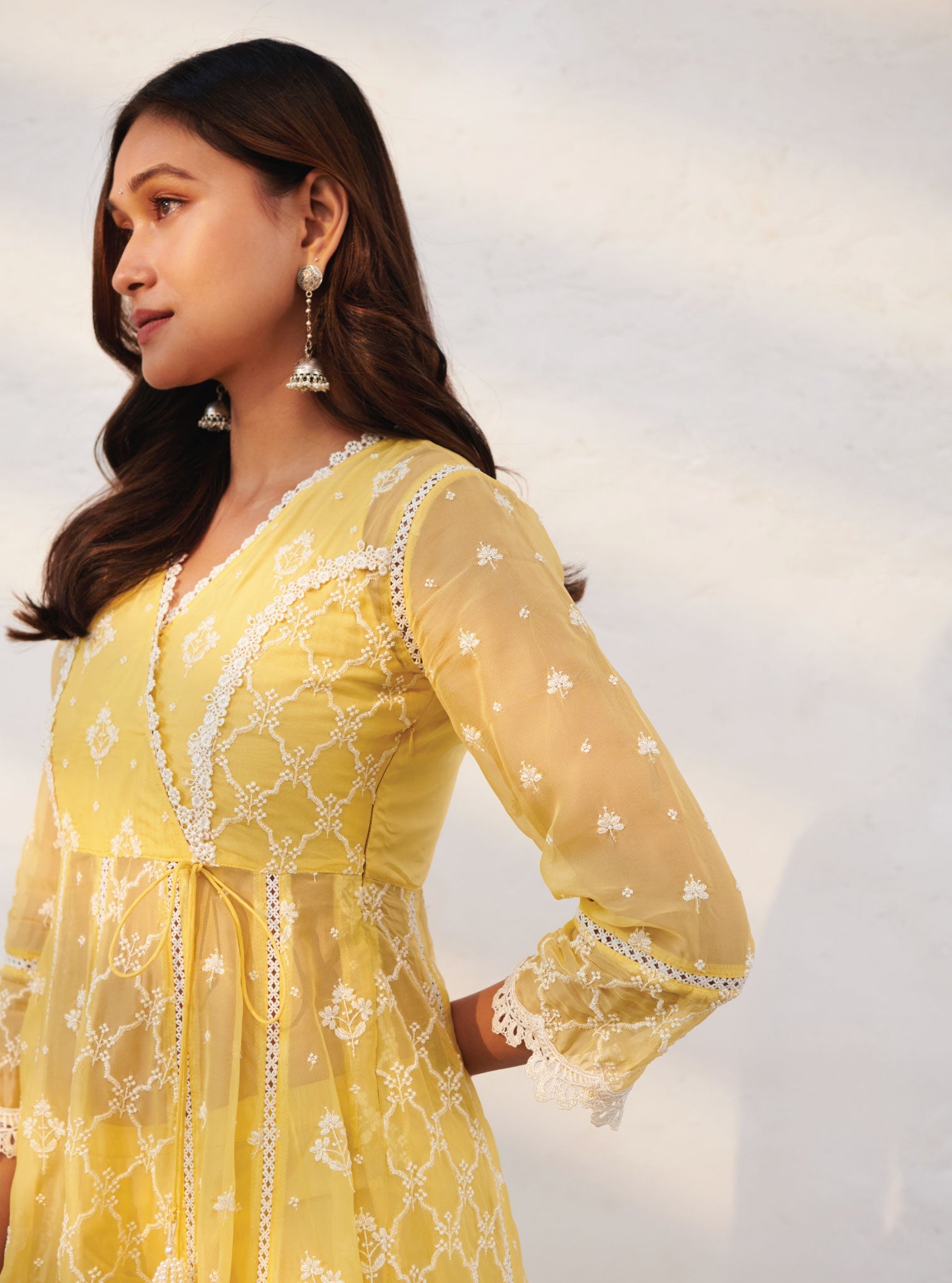 Mulmul Organza Morey Yellow Anarkali Kurta With Cotton Morey Yellow Pant