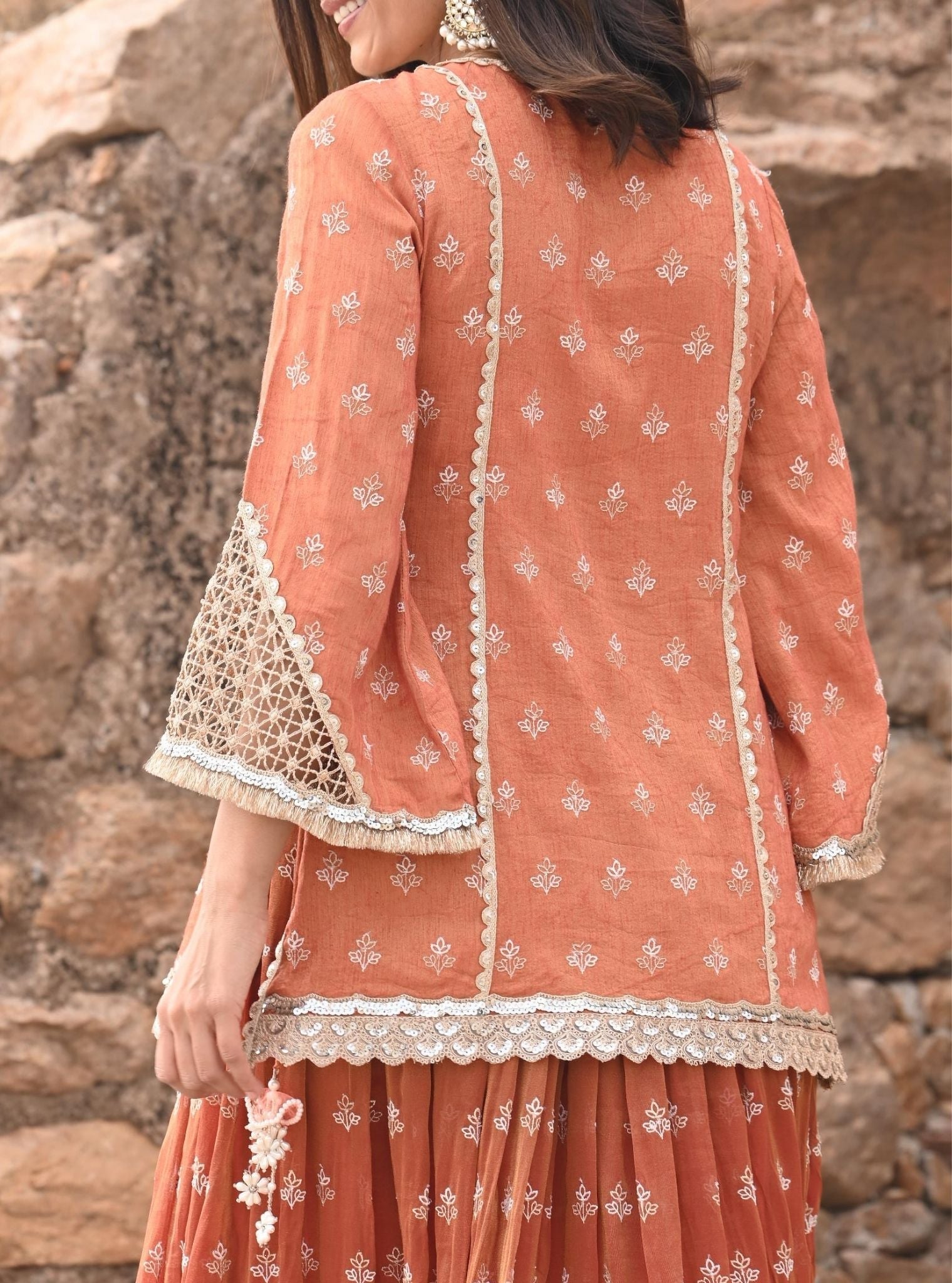 Mulmul Luxe Tissue Satin Lamhe Burnt Orange Kurta with Mulmul Luxe Tissue Lamhe Burnt Orange Skirt