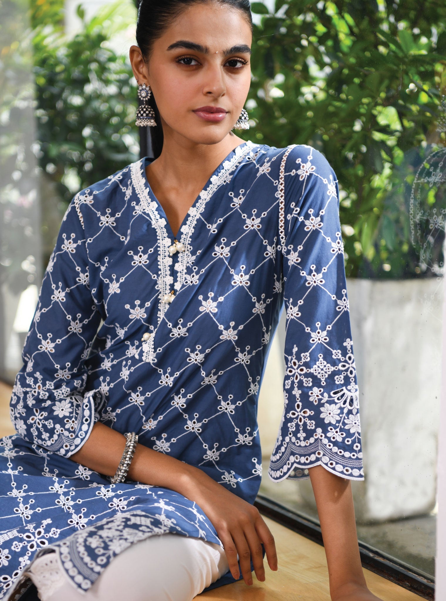 Mulmul Cotton Perth Navy Kurta With Border White Dhoti Pant