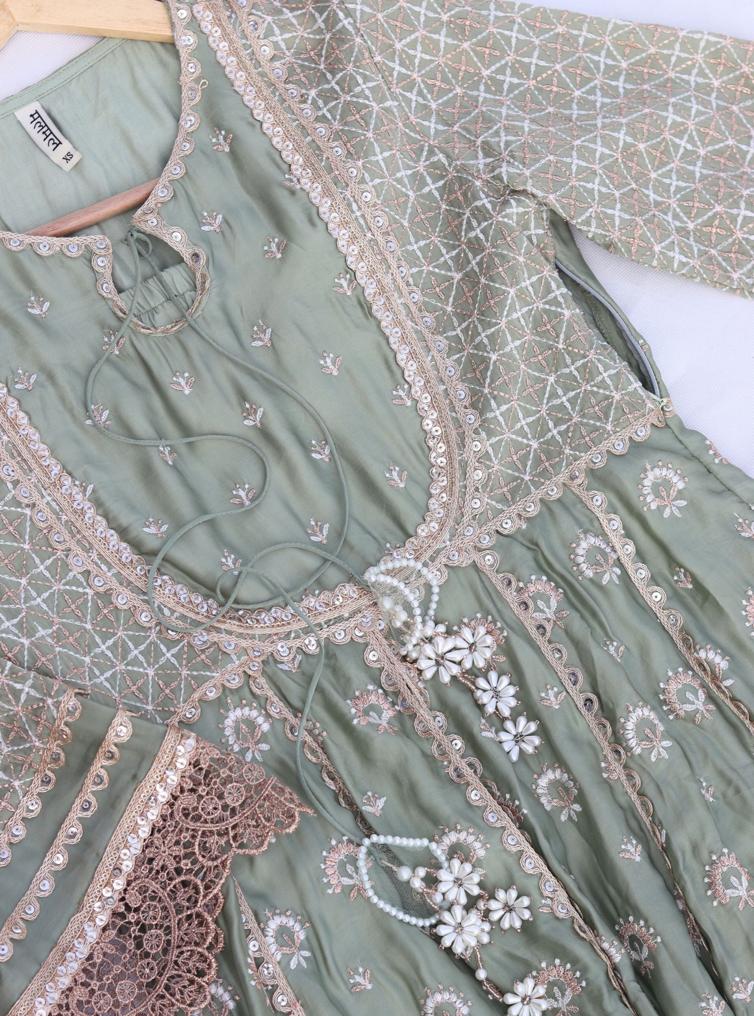 Mulmul Organza Satin Navrai Sage Green Anarkali Kurta with Mulmul Modal Satin Navrai Sage Green Pant