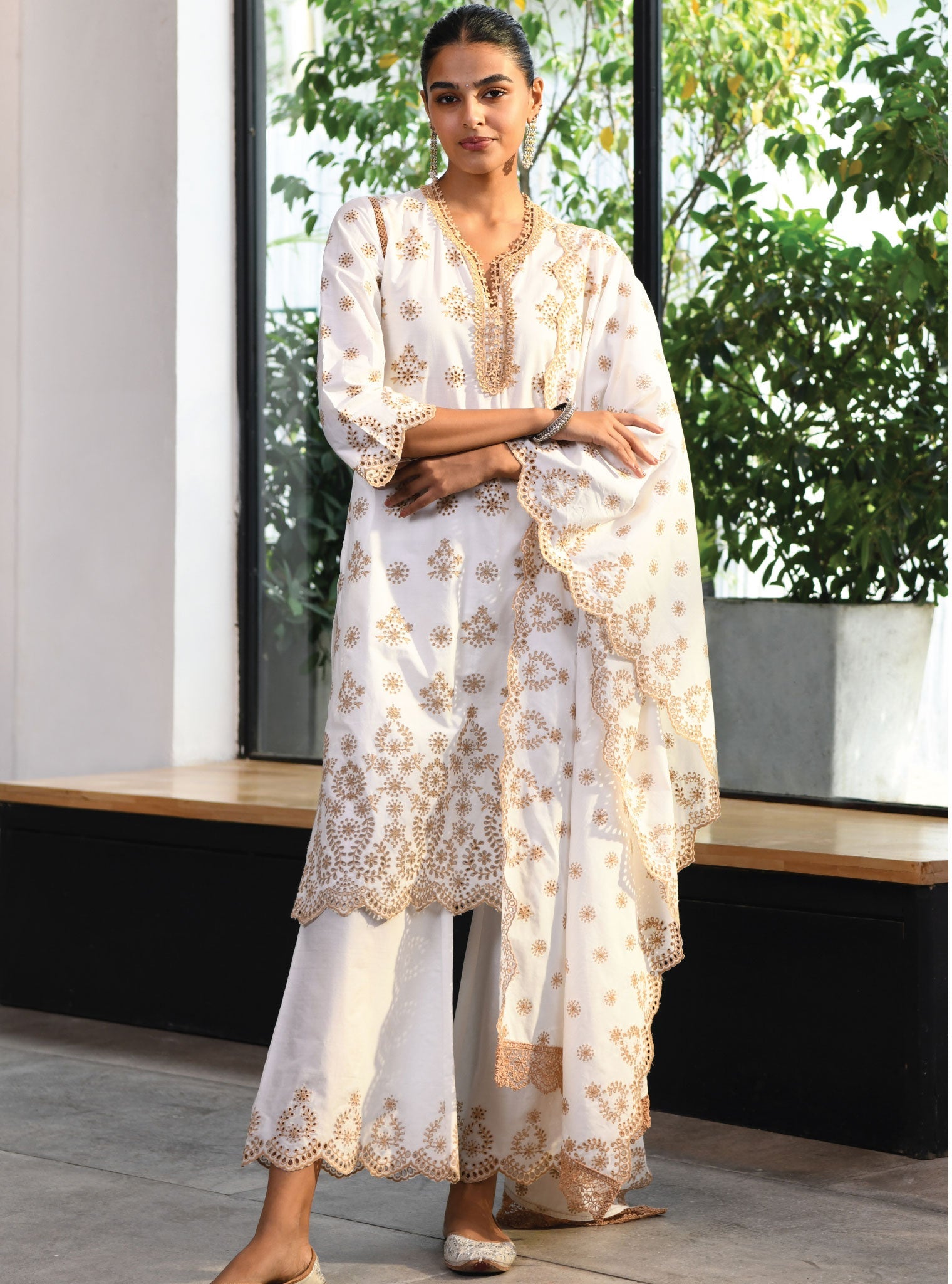 Mulmul Cotton Ripon White Kurta With Ripon White Pant