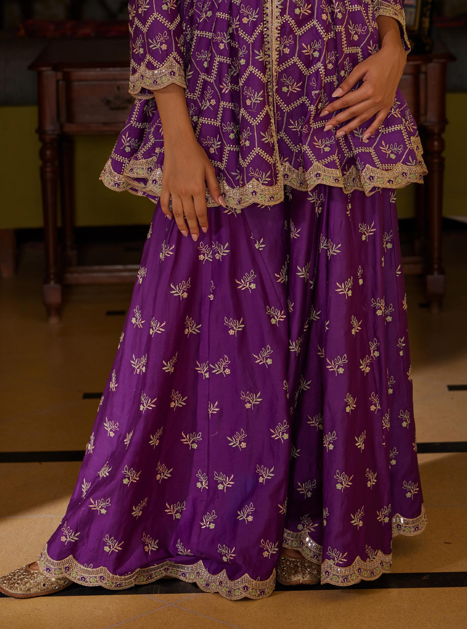 Mulmul Pima Bisini Purple Top With Mulmul Bisini Purple Sharara