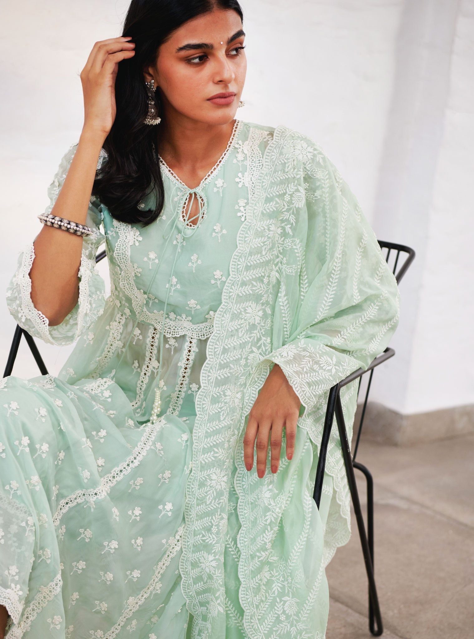 Mulmul Organza Sussex Green Anarkali Kurta With Cotton Sussex Green Pant