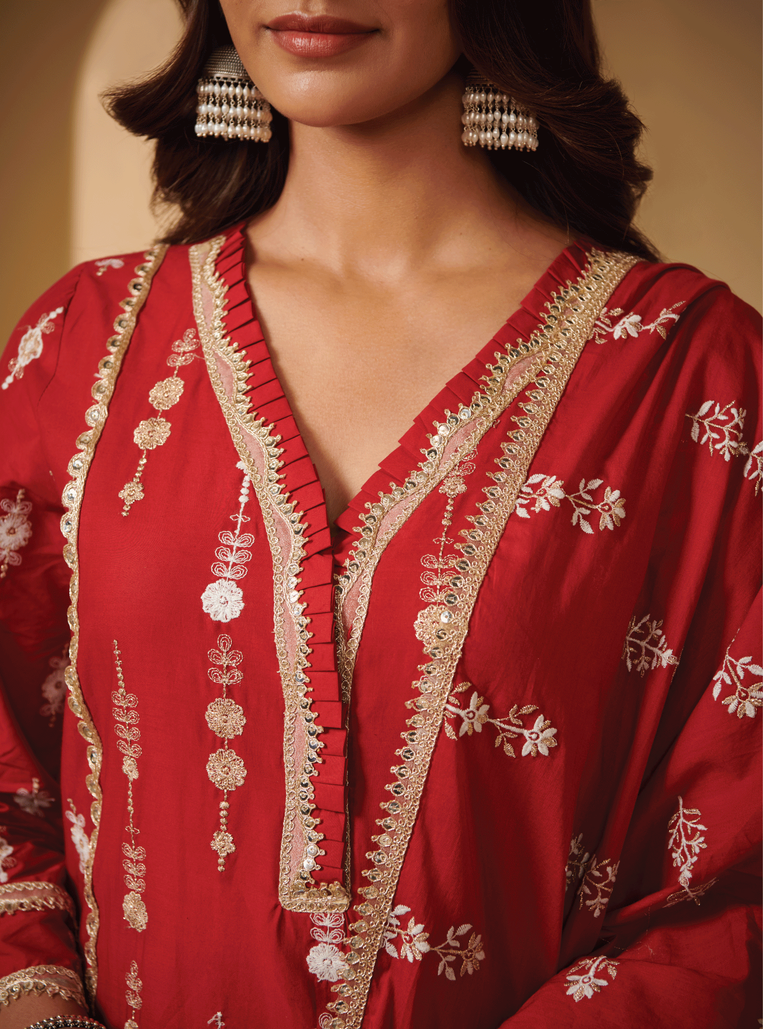 Mulmul Cotton Beki Red Kurta With Beki Red Pant