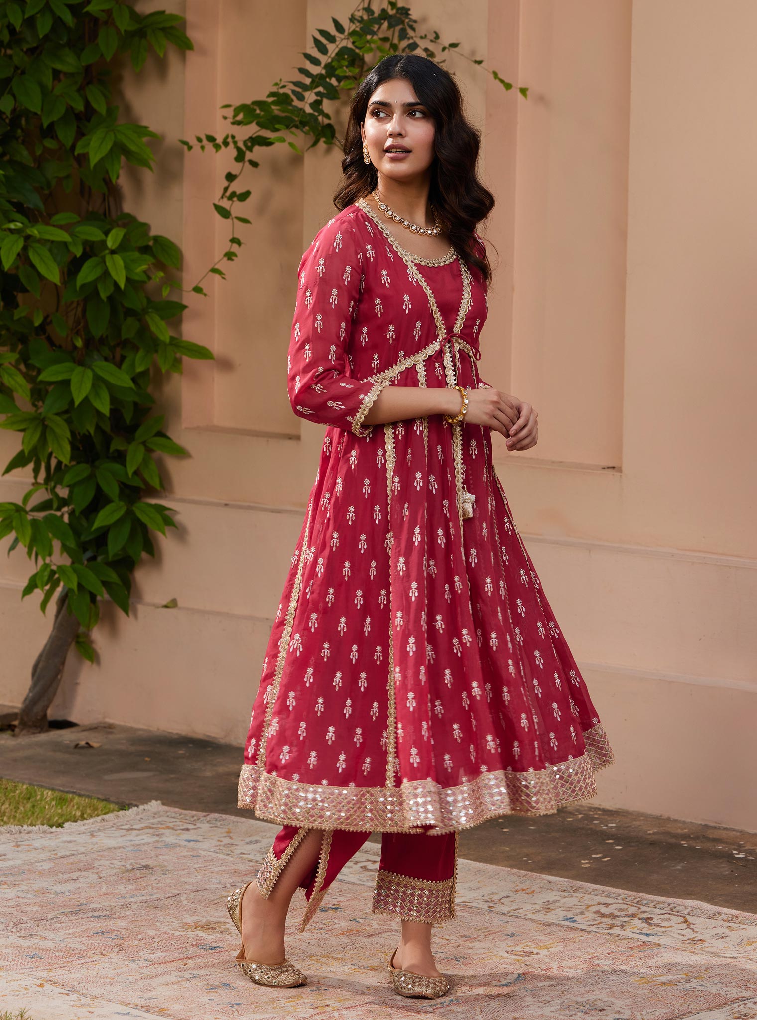 Mulmul Organza Samici Red Anarkali Kurta With Mulmul Pima Samici Red Pant