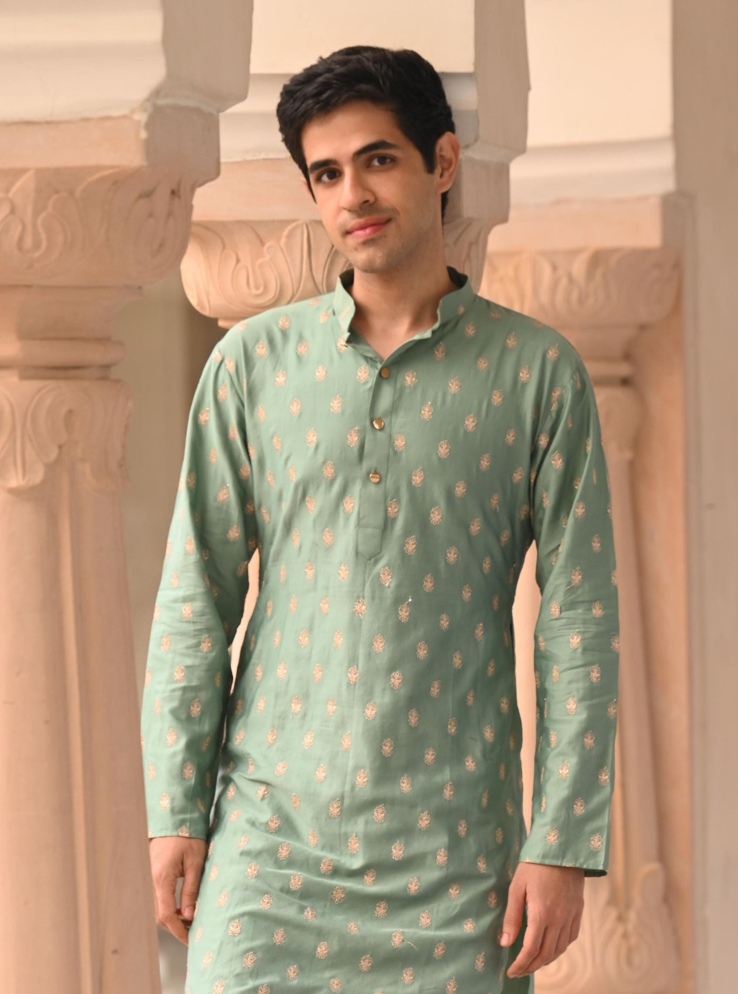 Mulmul Pima Satin Challa Teal Blue Men Kurta with Mulmul Pima Satin Shava Off White Pyajama