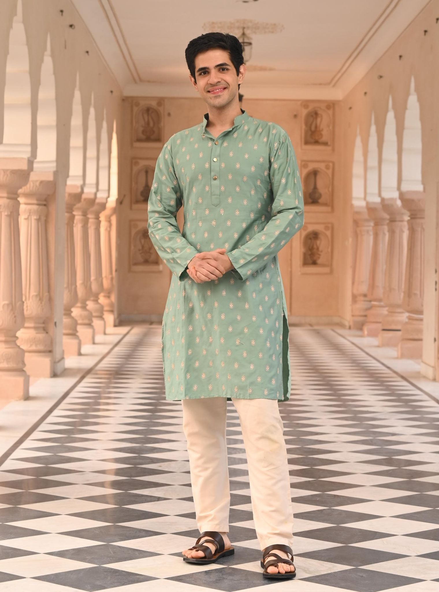 Mulmul Pima Satin Challa Teal Blue Men Kurta with Mulmul Pima Satin Shava Off White Pyajama