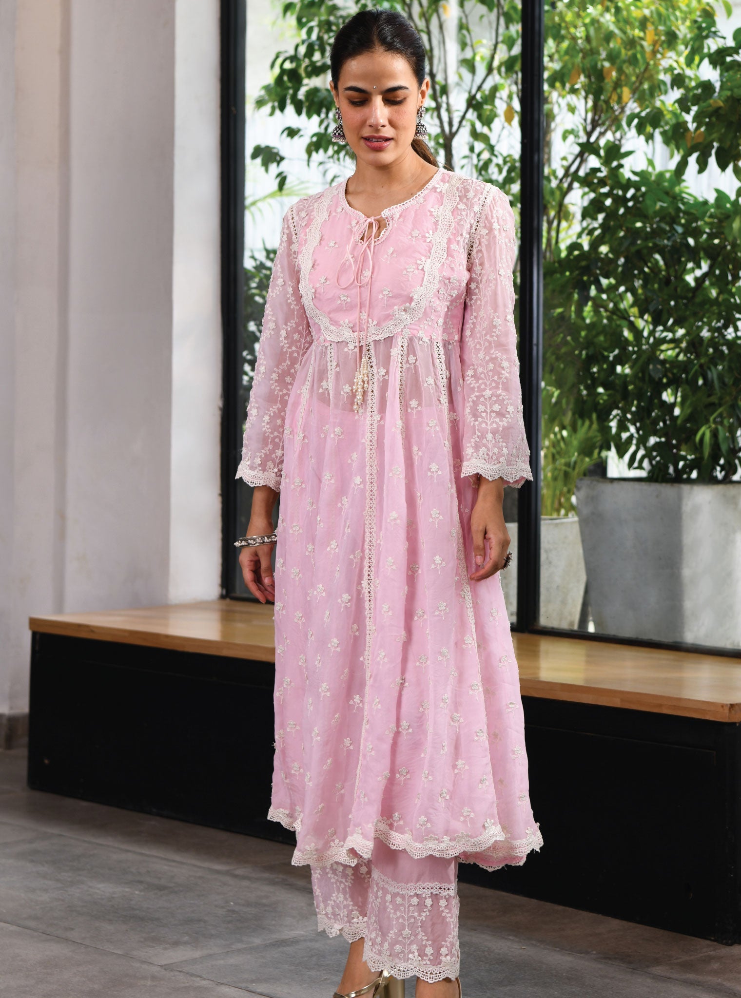 Mulmul Organza Sussex Pink Anarkali Kurta With Cotton Sussex Pink Pant