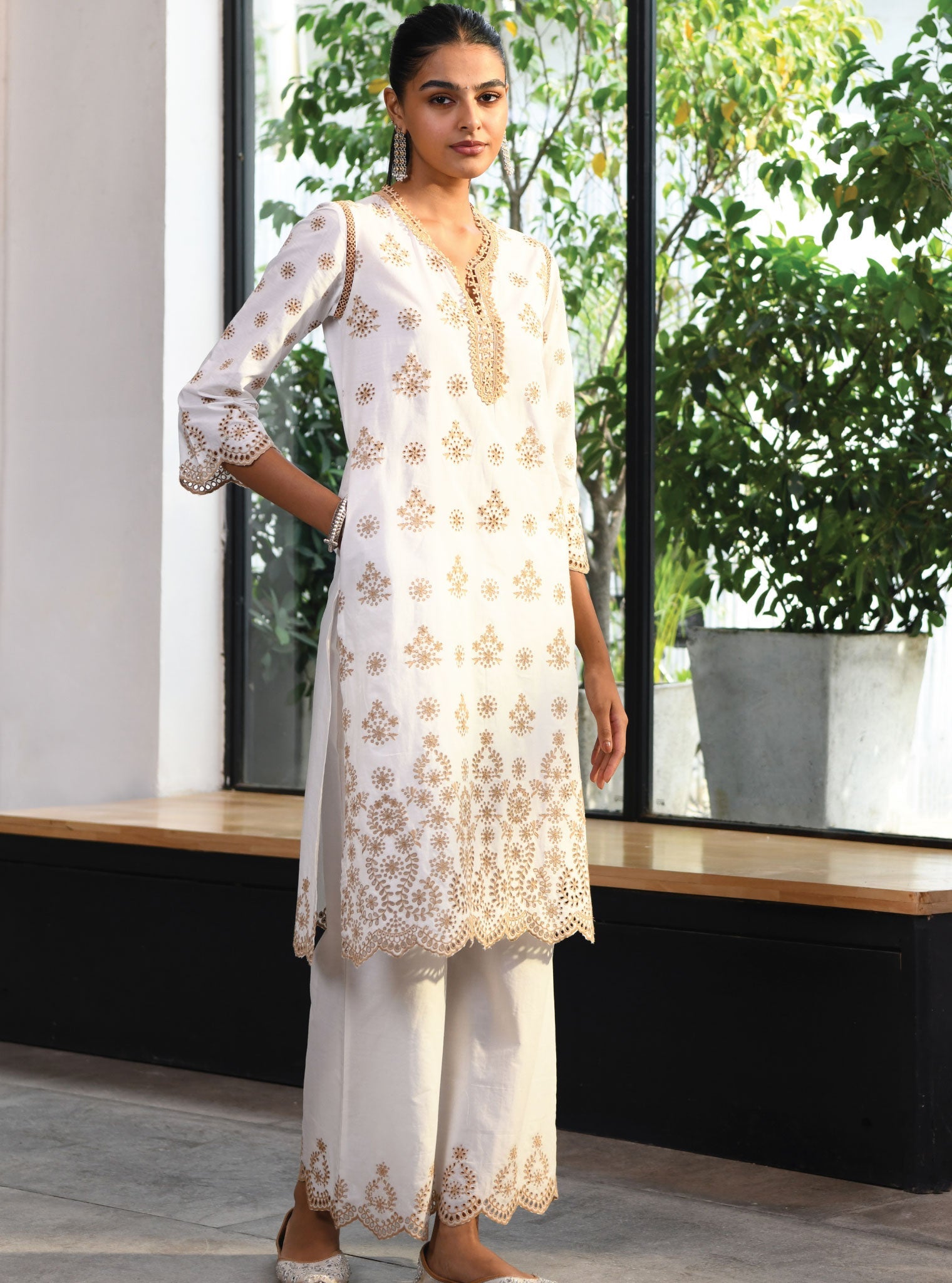 Mulmul Cotton Ripon White Kurta With Ripon White Pant