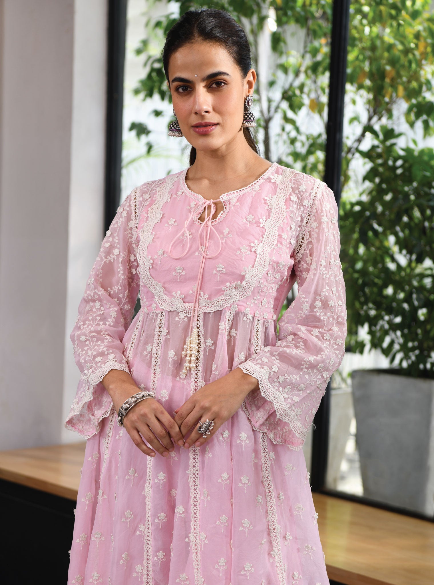 Mulmul Organza Sussex Pink Anarkali Kurta With Cotton Sussex Pink Pant