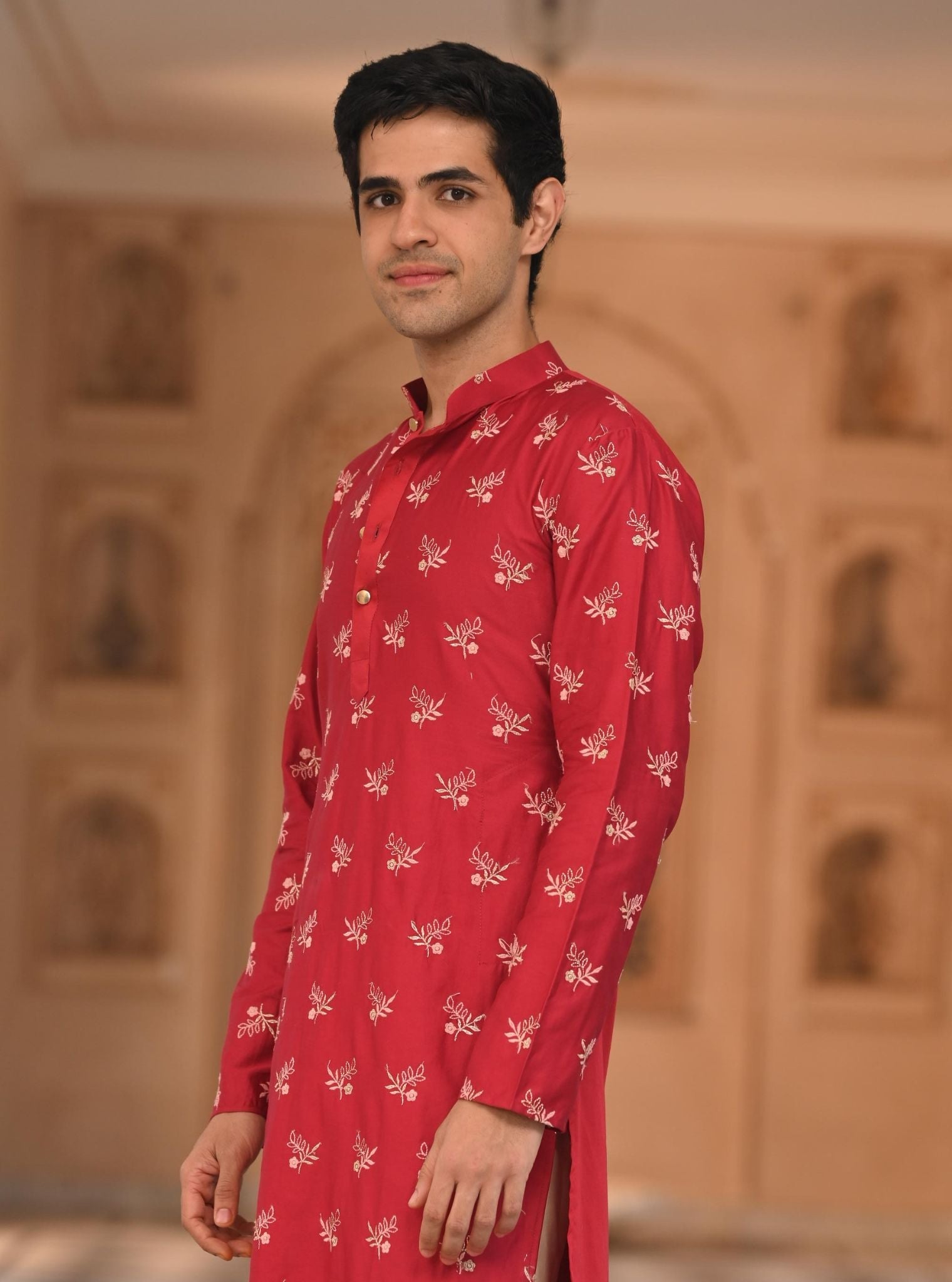 Mulmul Pima Satin Ranjha Red Men Kurta with Mulmul Pima Satin Shava Off White Pyajama