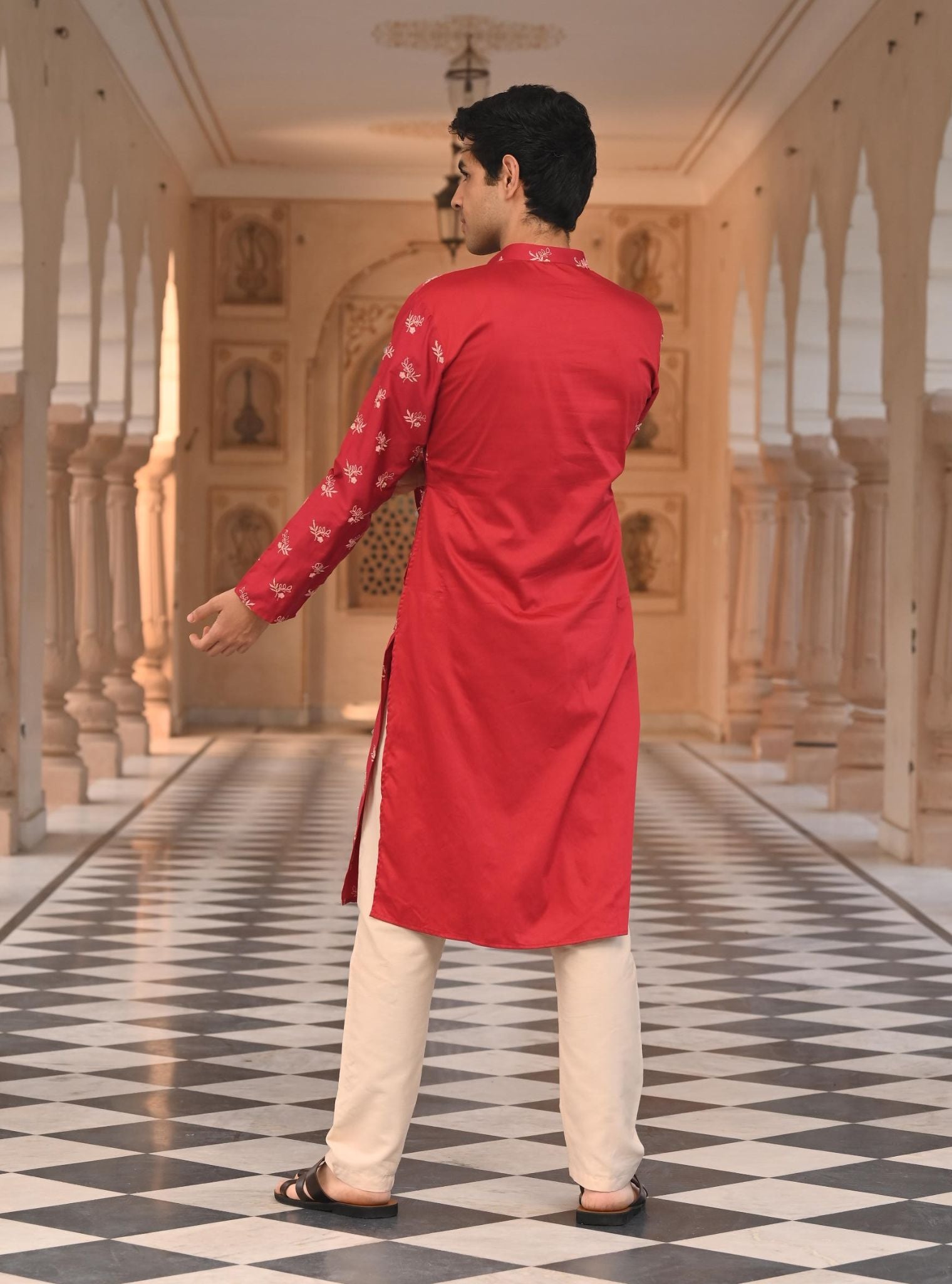 Mulmul Pima Satin Ranjha Red Men Kurta with Mulmul Pima Satin Shava Off White Pyajama