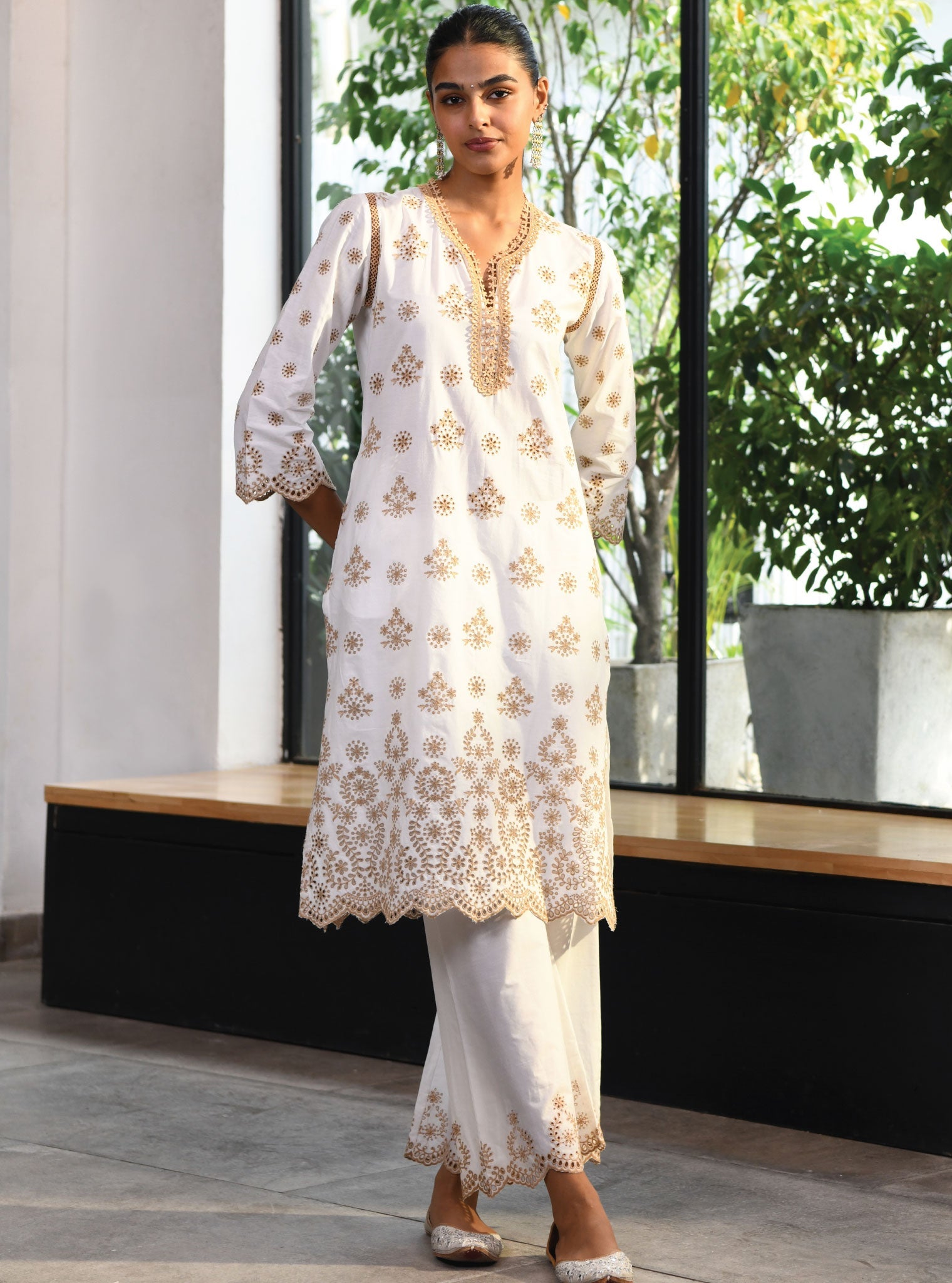 Mulmul Cotton Ripon White Kurta With Ripon White Pant