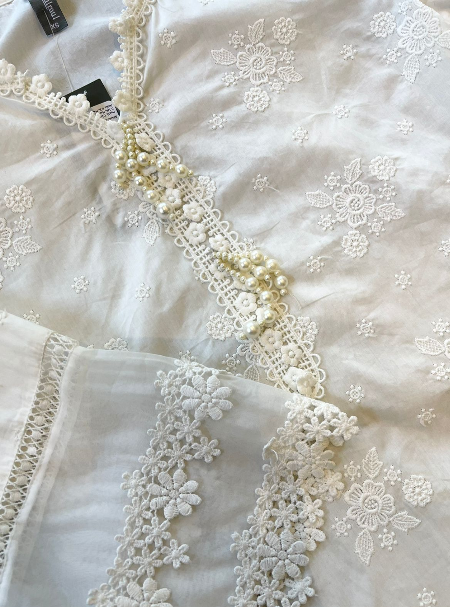 Mulmul Cotton Emmie White Kurta With Mulmul Cotton Diagonal Lace Pants