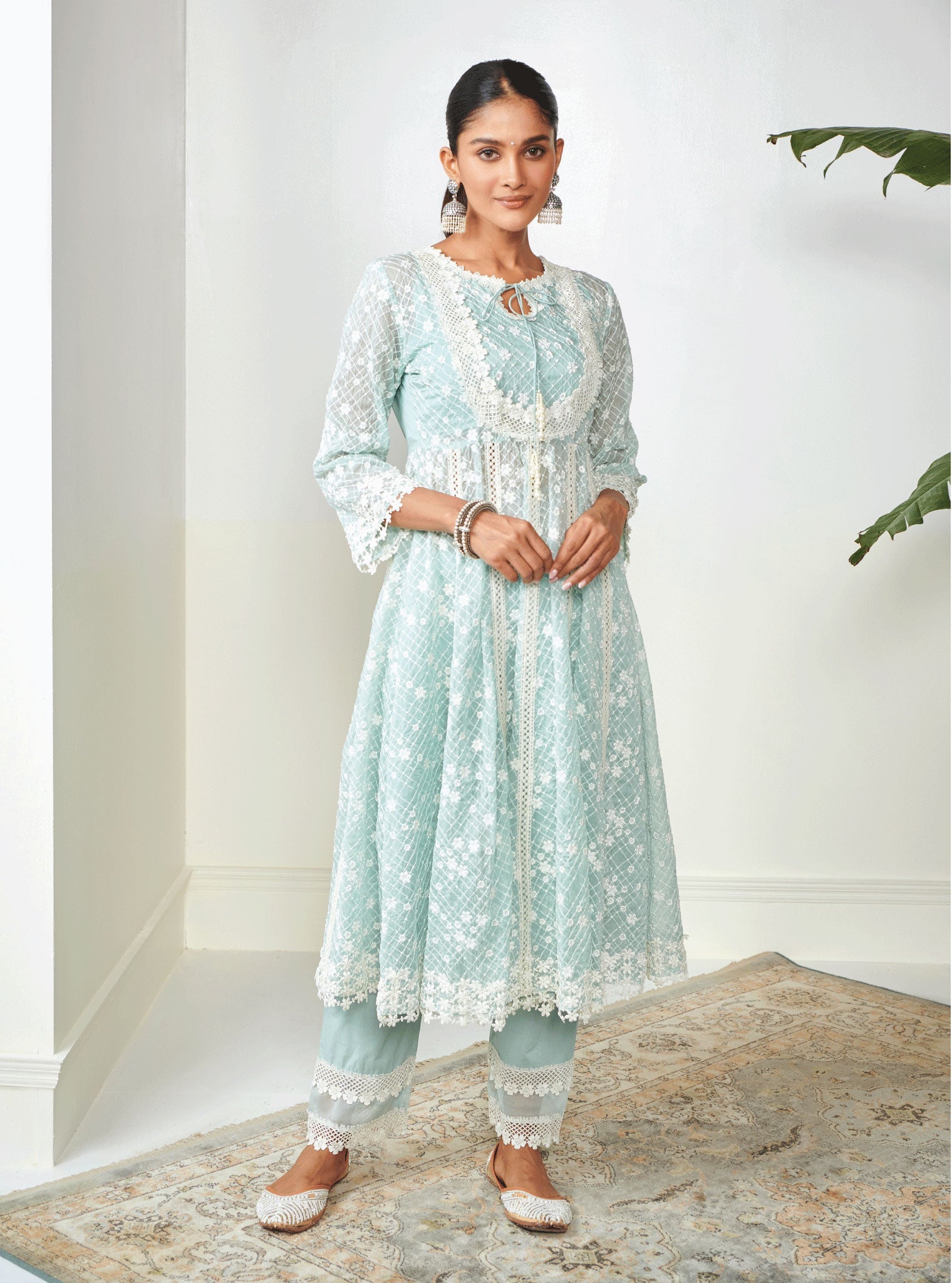 Mulmul Organza Zola Anarkali Light Blue Kurta With Mulmul Cotton Zola Light Blue Pant