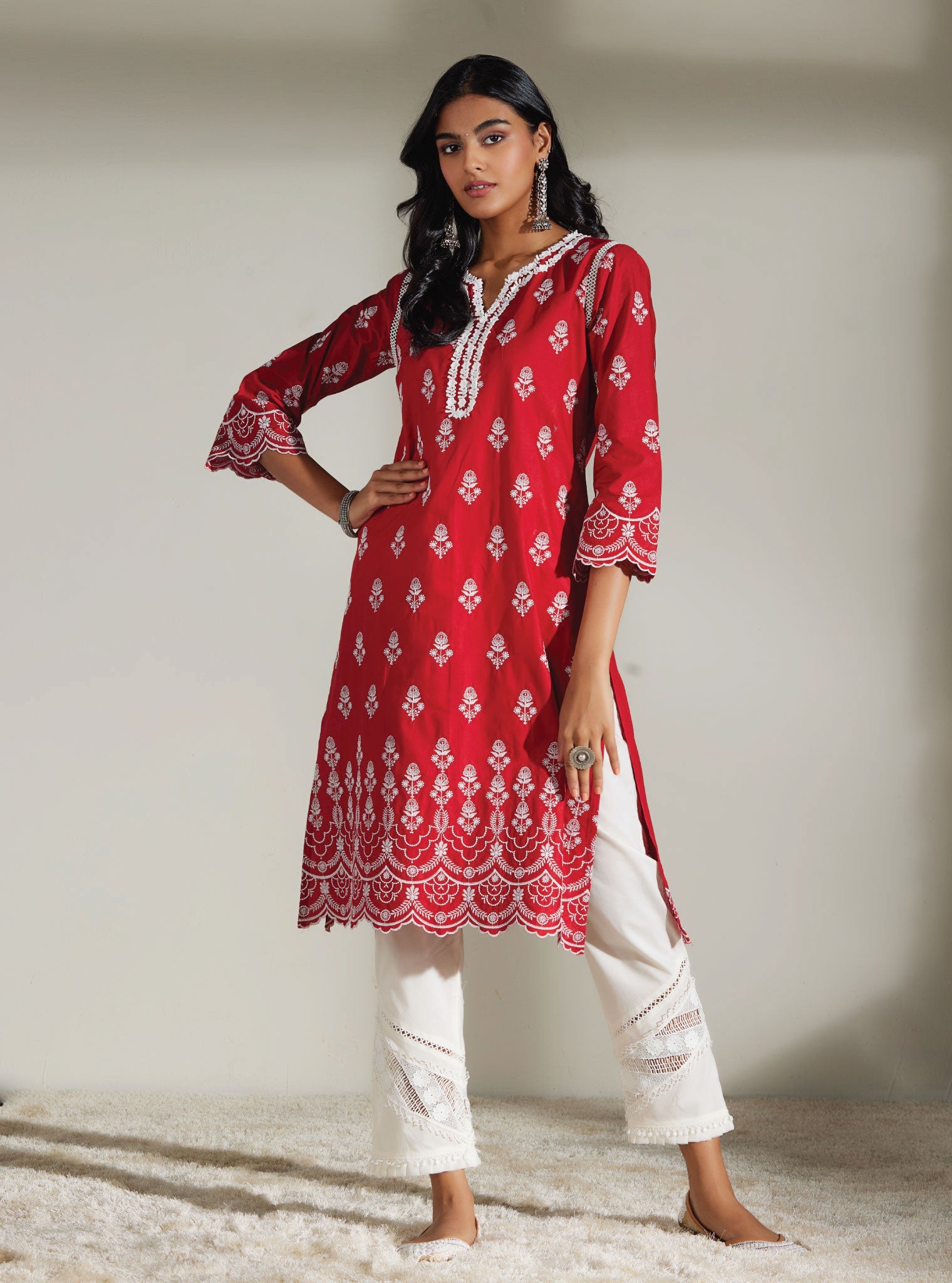 Mulmul Cotton Keily Red Kurta With Mulmul Cotton Diagonal Lace White Pant