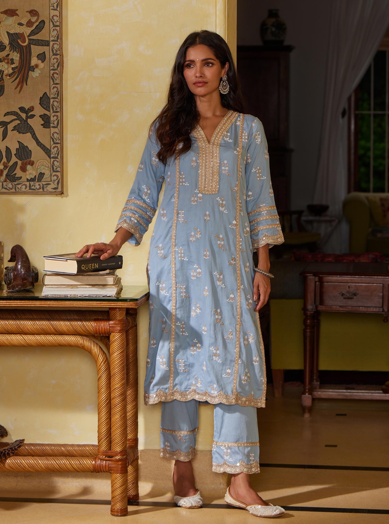 Mulmul Pima Nimisa Blue Kurta With Mulmul Nimisa Blue Pant